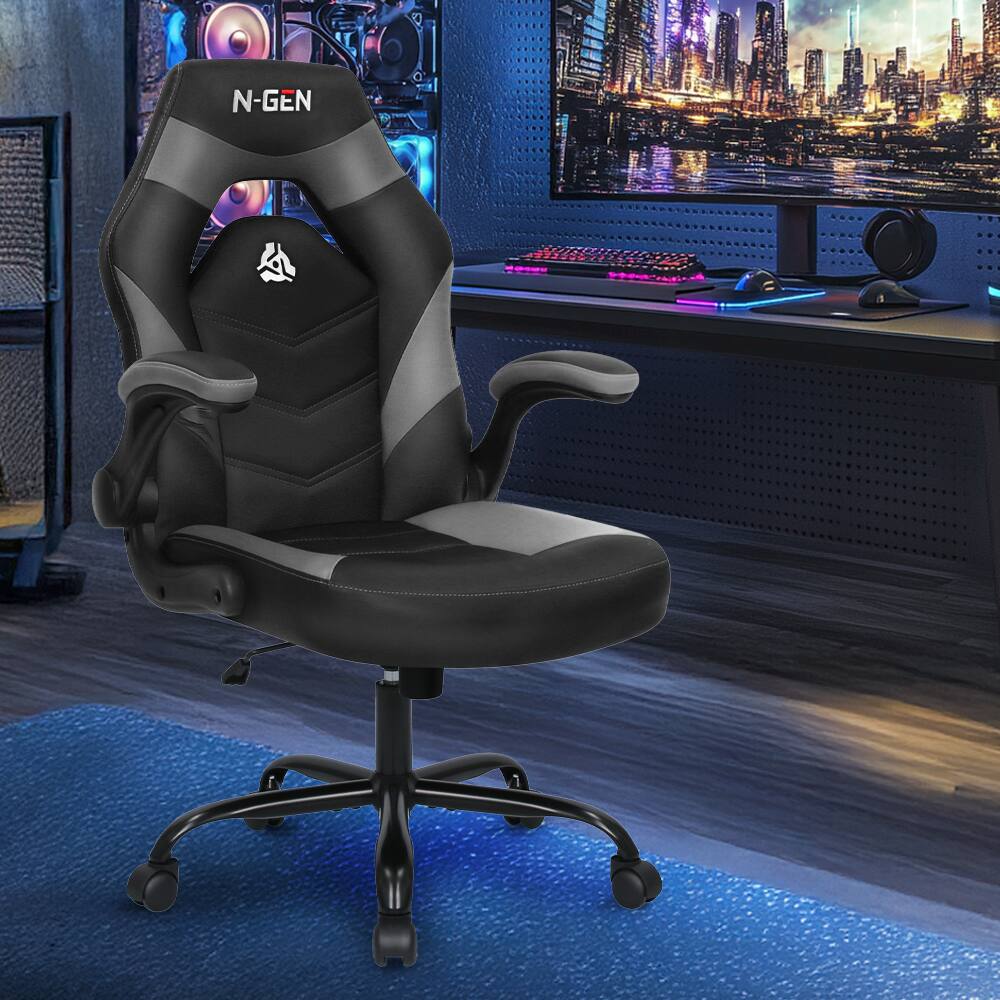 Angle. Celtoss - Gaming Chair, Ergonomic Office Computer Desk Chair with Lumbar Support, Flip-Up Arms, PU Leather, Swivel Wheels - Gray.