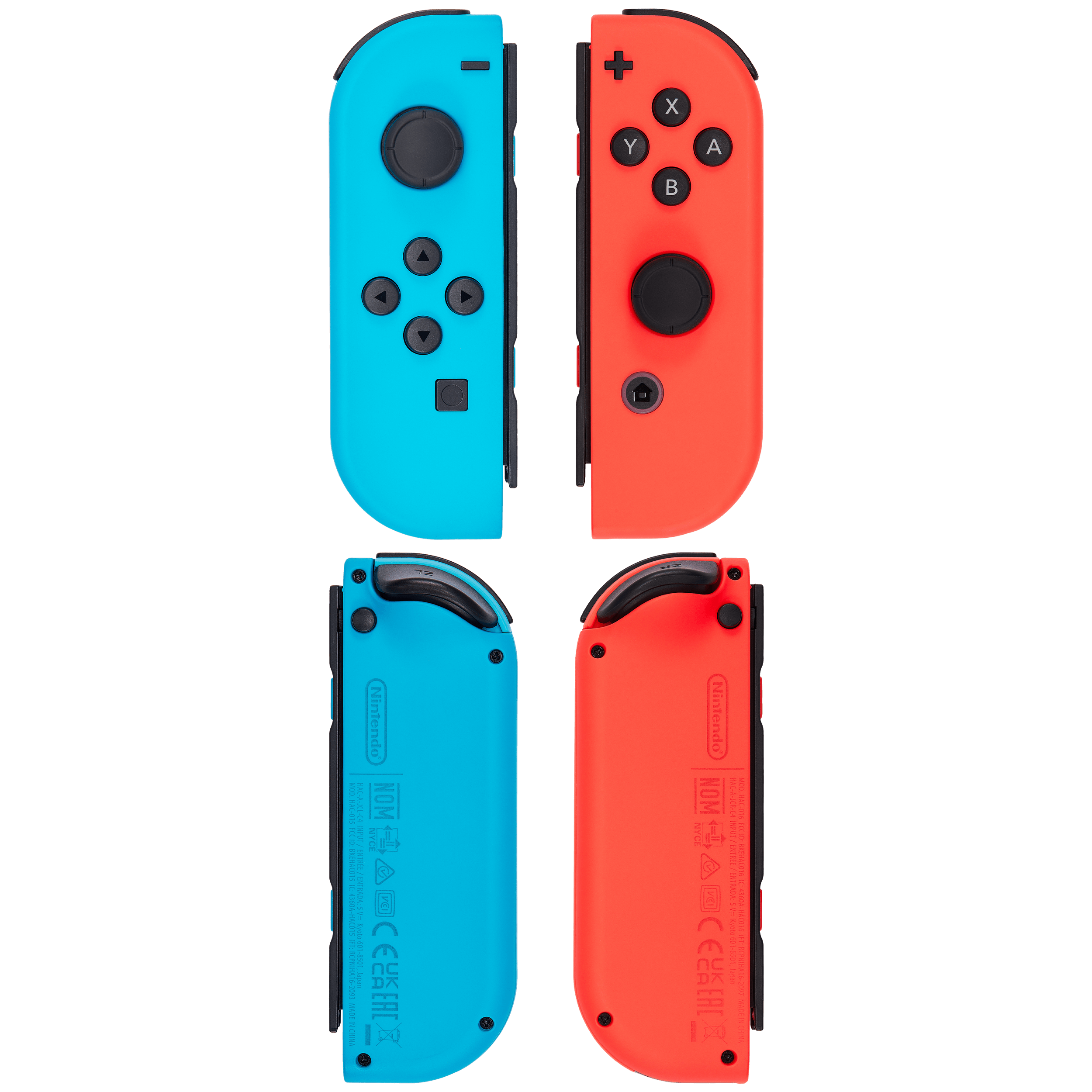 Sure, here is the corrected and grouped text from the image:

**Top Left (Blue Joy-Con):**
- Nintendo
- NOM
- CE 0123456789
- E123456789

**Top Right (Red Joy-Con):**
- Nintendo
- NOM
- CE 0123456789
- E123456789

**Bottom Left (Blue Joy-Con):**
- Nintendo
- NOM
- CE 0123456789
- E123456789

**Bottom Right (Red Joy-Con):**
- Nintendo
- NOM
- CE 0123456789
- E123456789

**Additional Text on Red Joy-Con:**
- X
- Y
- A
- B

**Additional Text on Blue Joy-Con:**
- + (Plus)
- - (Minus)
- Circle
- Triangle
- Square
- Cross