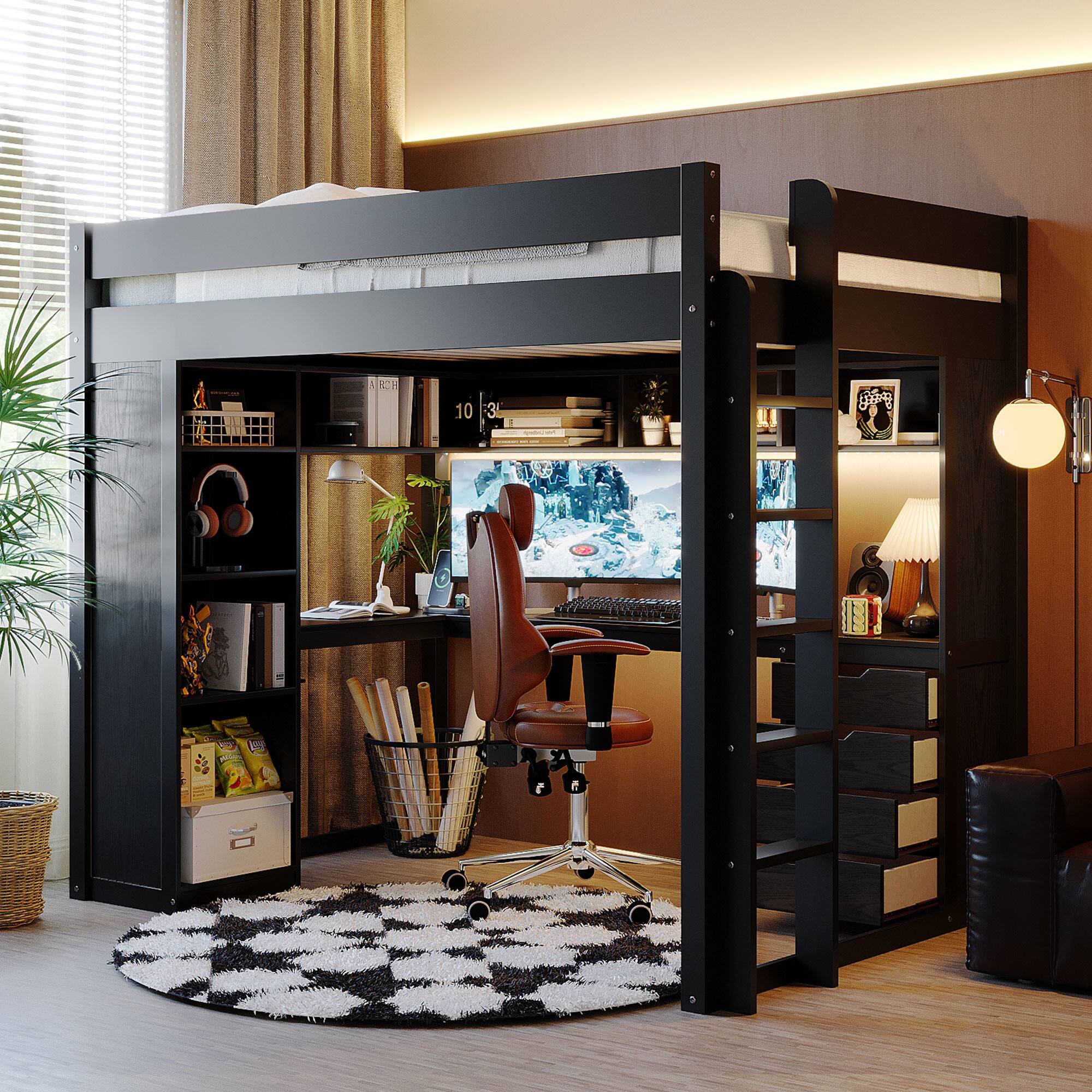 Front. Anysun - Full Solid Wood Loft Bed with L-Shaped Desk & 4 Drawers - App-Controlled LED Lights, USB Ports & 4-Tier Shelves - Black.