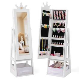 Gymax - Kids Jewelry Cabinet w/ Full-Length Mirror Foldable Drawer Anti-toppling System - White