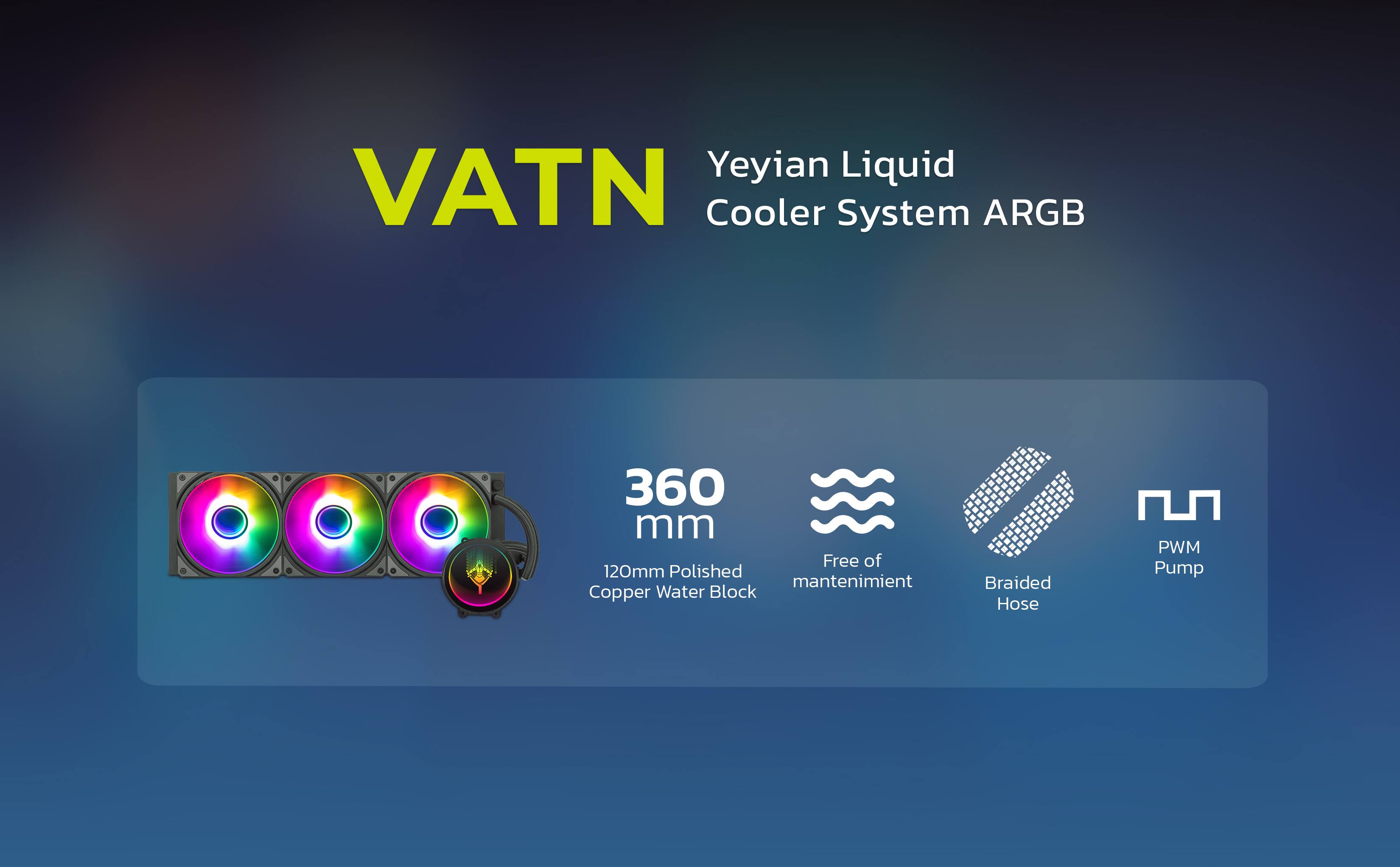 Yeyian Liquid Cooler System ARGB

- 360 mm
- 120mm Polished Copper Water Block
- Free of mantenimiento
- Braided Hose
- PWM Pump