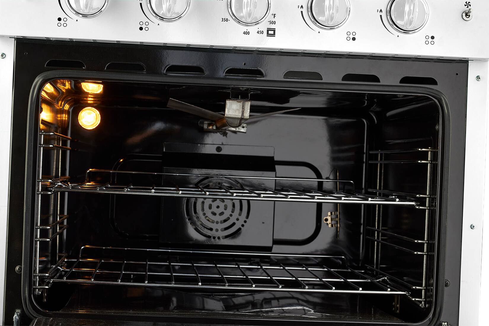 The text on the image is: 350 F 500 8 400 450. This is a temperature range for an oven, indicating the minimum and maximum temperatures that can be set. The correct text would be: 350°F - 500°F, 400°F - 450°F.