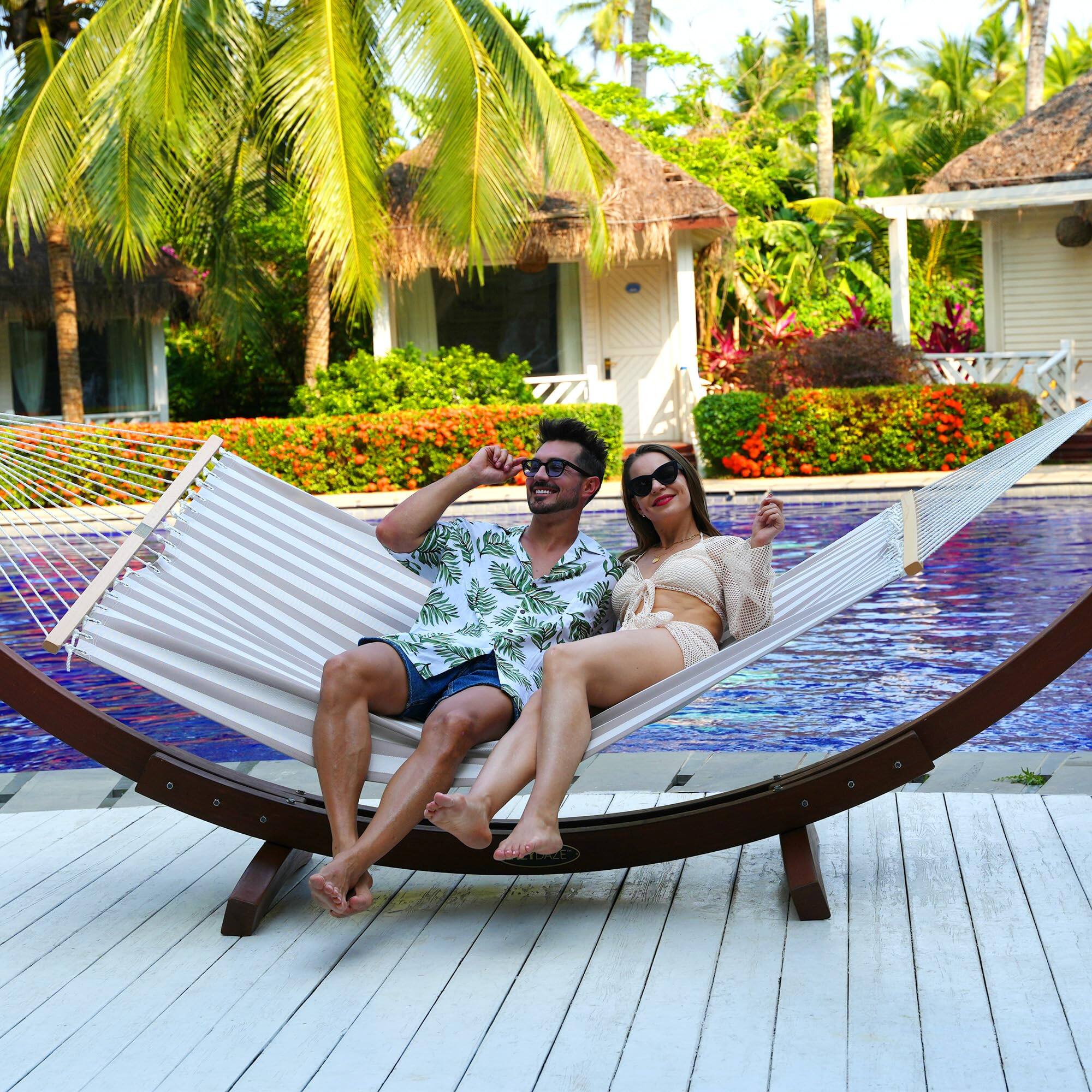 Alt View 3. JETRANSPORT - Quick Dry Hammock With Spreader Bar Textliene Fabric Double 2 Person Chains Outdoor Patio Poolside Backyard - Red Stripes.