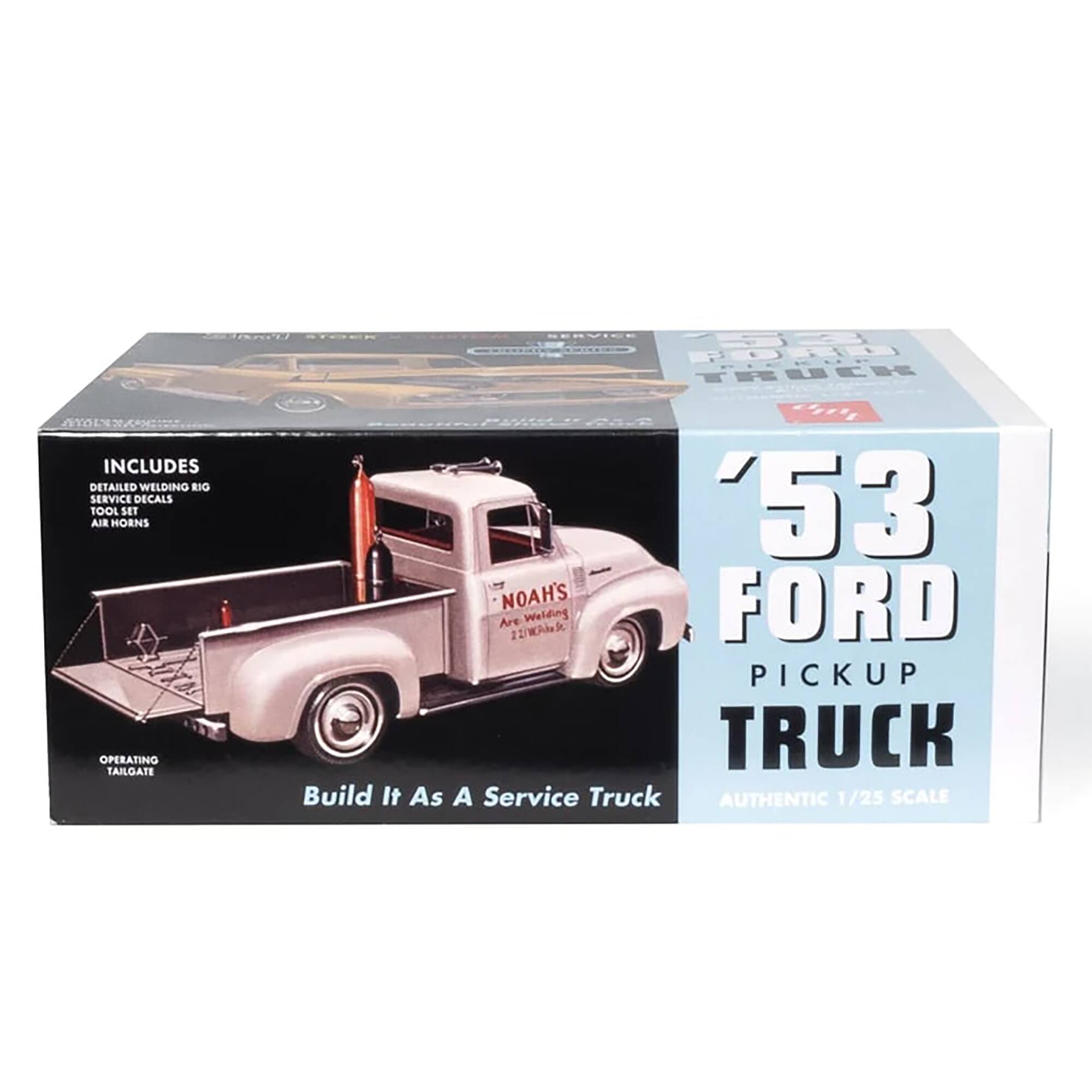 The text on the image is grouped and corrected as follows:

"Includes detailed welding rig service decals, tool set, air hoses, operating instructions, and service truck build it as a service truck authentic 1/25 scale."