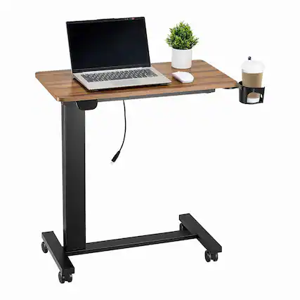 Front. Glintex - Electric Overbed Table with Wheels, Height Adjustable Rolling Laptop Desk with Cup Holder, Bedside Table for Home Office - Brown.