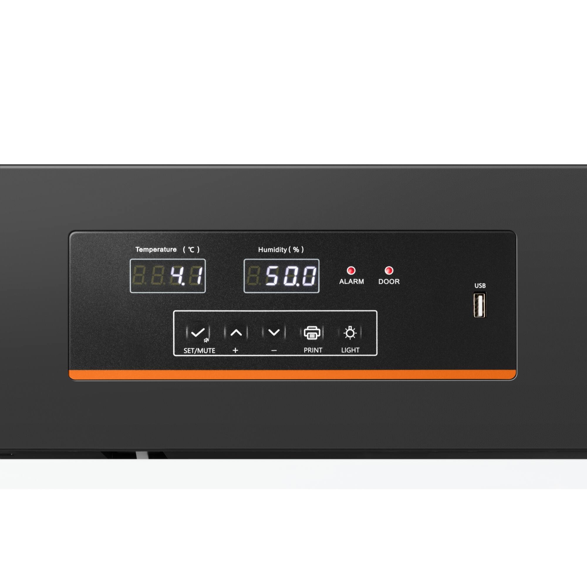 Temperature: 44.0°C  Humidity: 1%  Alarm: Door  USB: Set/Mute  Print: Light