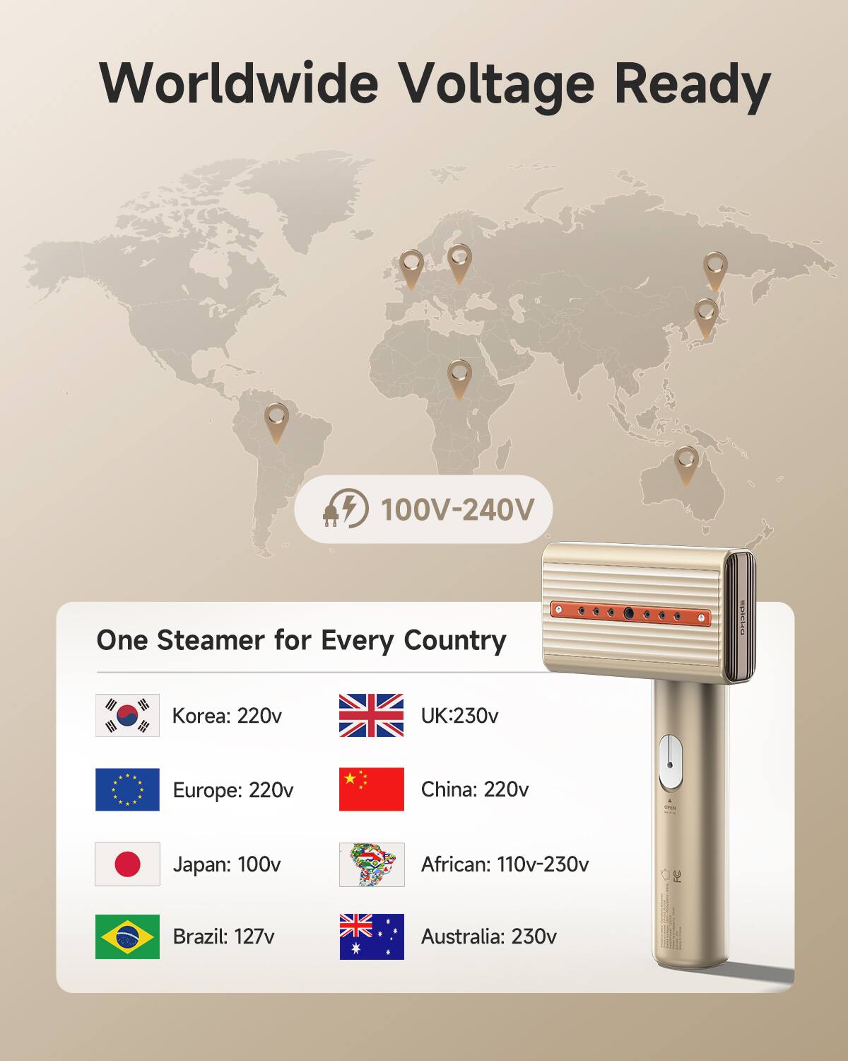 Worldwide Voltage Ready 100V-240V

One Steamer for Every Country

- Korea: 220v
- UK: 230v
- Europe: 220v
- China: 220v
- Japan: 100v
- African: 110v-230v
- Brazil: 127v
- Australia: 230v