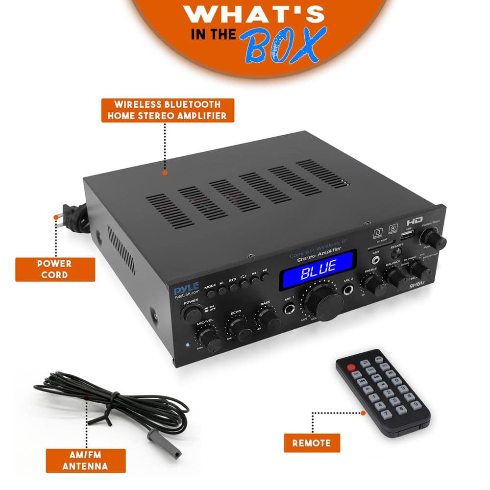 WHAT'S IN THE BOX
- WIRELESS BLUETOOTH HOME STEREO AMPLIFIER
- POWER CORD
- AM/FM ANTENNA
- REMOTE