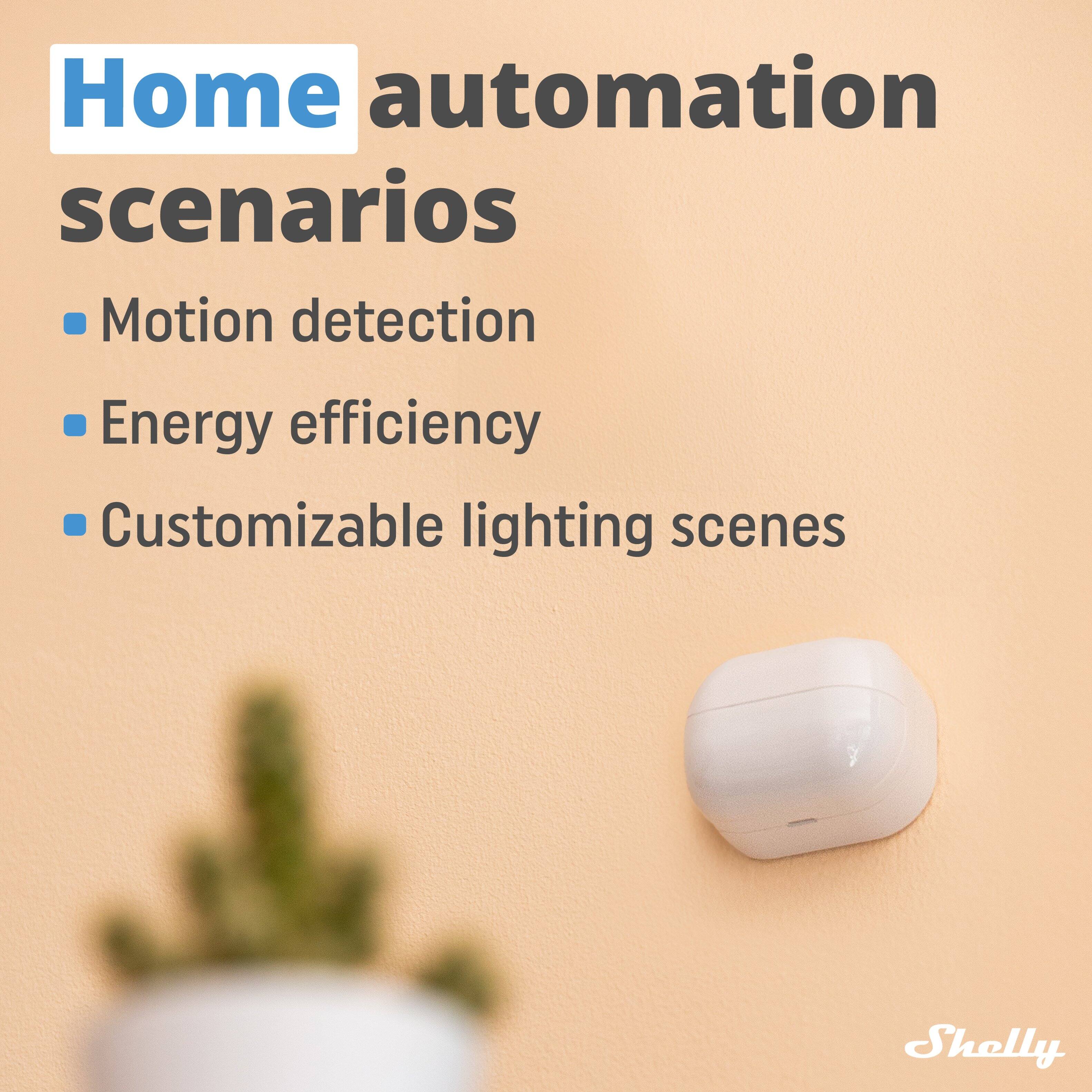 Home automation scenarios

- Motion detection
- Energy efficiency
- Customizable lighting scenes

Shelly