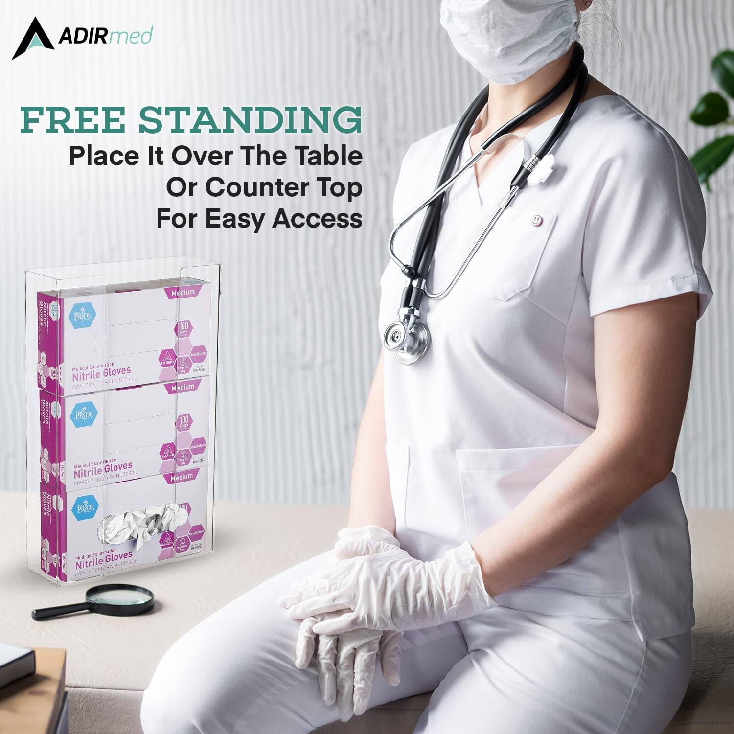 ADIRmed FREE STANDING Place It Over The Table Or Counter Top For Easy Access Medium Nitrile Gloves 100 Monou TuAnaan Gloves Nitrile STYRLE rvrcs 3 edium Pke Mostal RRe Glaves Nitrile 2E T