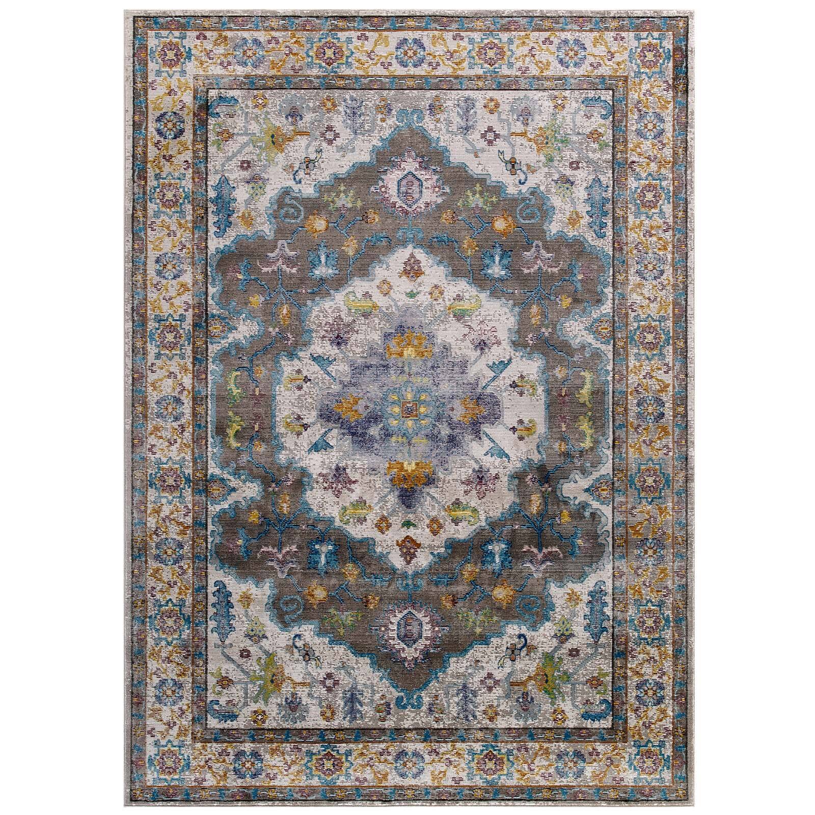 Angle. Modway - Success Anisah Distressed Floral Vintage Medallion Area Rug - Gray Ivory Yellow Orange.