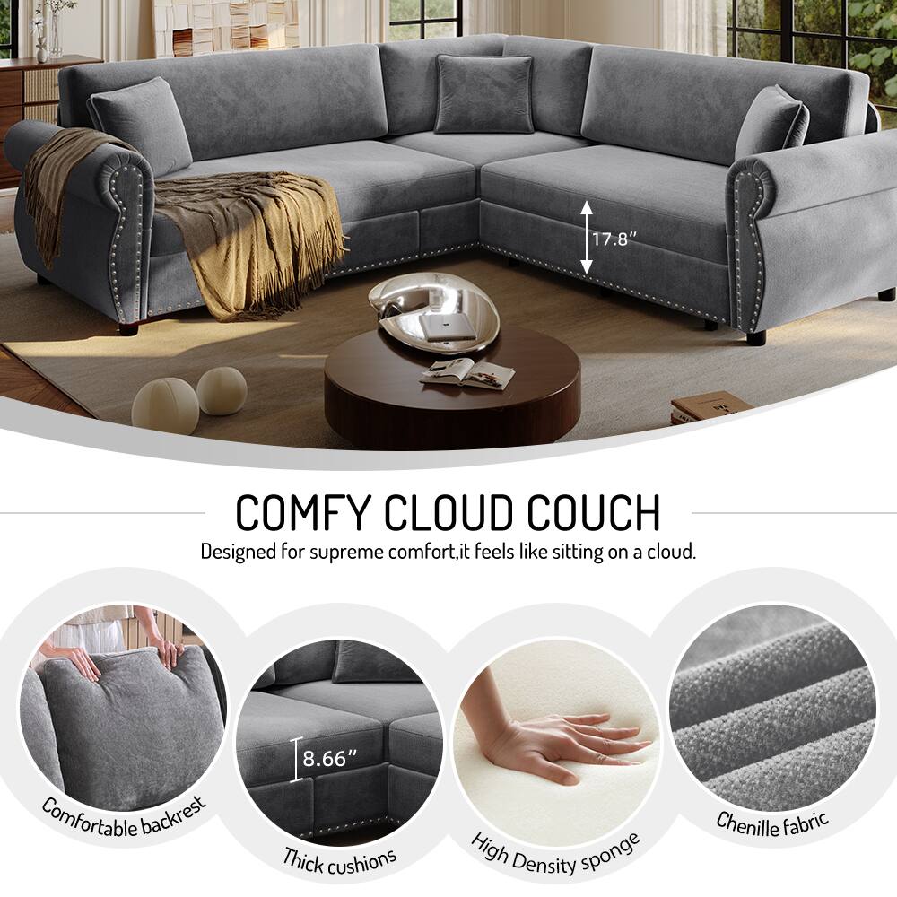 17.8" COMFY CLOUD COUCH  
Designed for supreme comfort, it feels like sitting on a cloud.  
Comfortable backrest  
8.66" Thick cushions  
High Density sponge  
Chenille fabric