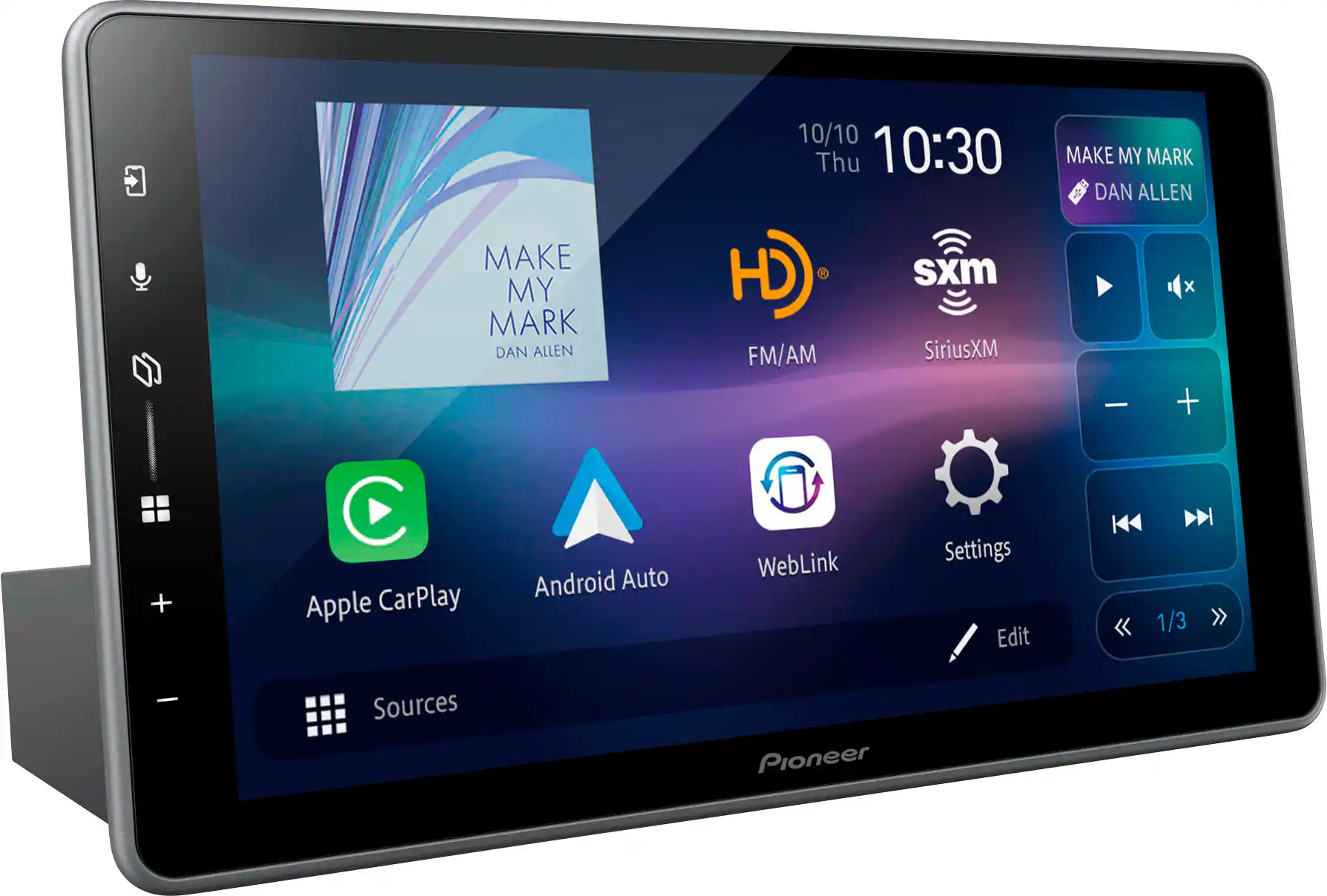 The text on the image reads:
"Make My Mark Dan Allen 10/10 Thu 10:30 CH 9 sxm FM/AM SiriusXM Make My Mark Dan Allen x + + Apple CarPlay Android Auto WebLink Settings Edit 1/3 Sources Pioneer."
The text is grouped as follows:
1. "Make My Mark Dan Allen 10/10 Thu 10:30 CH 9 sxm FM/AM SiriusXM Make My Mark Dan Allen x + + Apple CarPlay Android Auto WebLink Settings Edit 1/3 Sources Pioneer."
2. "Make My Mark Dan Allen 10/10 Thu 10:30 CH 9 sxm FM/AM SiriusXM Make My Mark Dan Allen x + + Apple CarPlay Android Auto WebLink Settings Edit 1/3 Sources Pioneer."