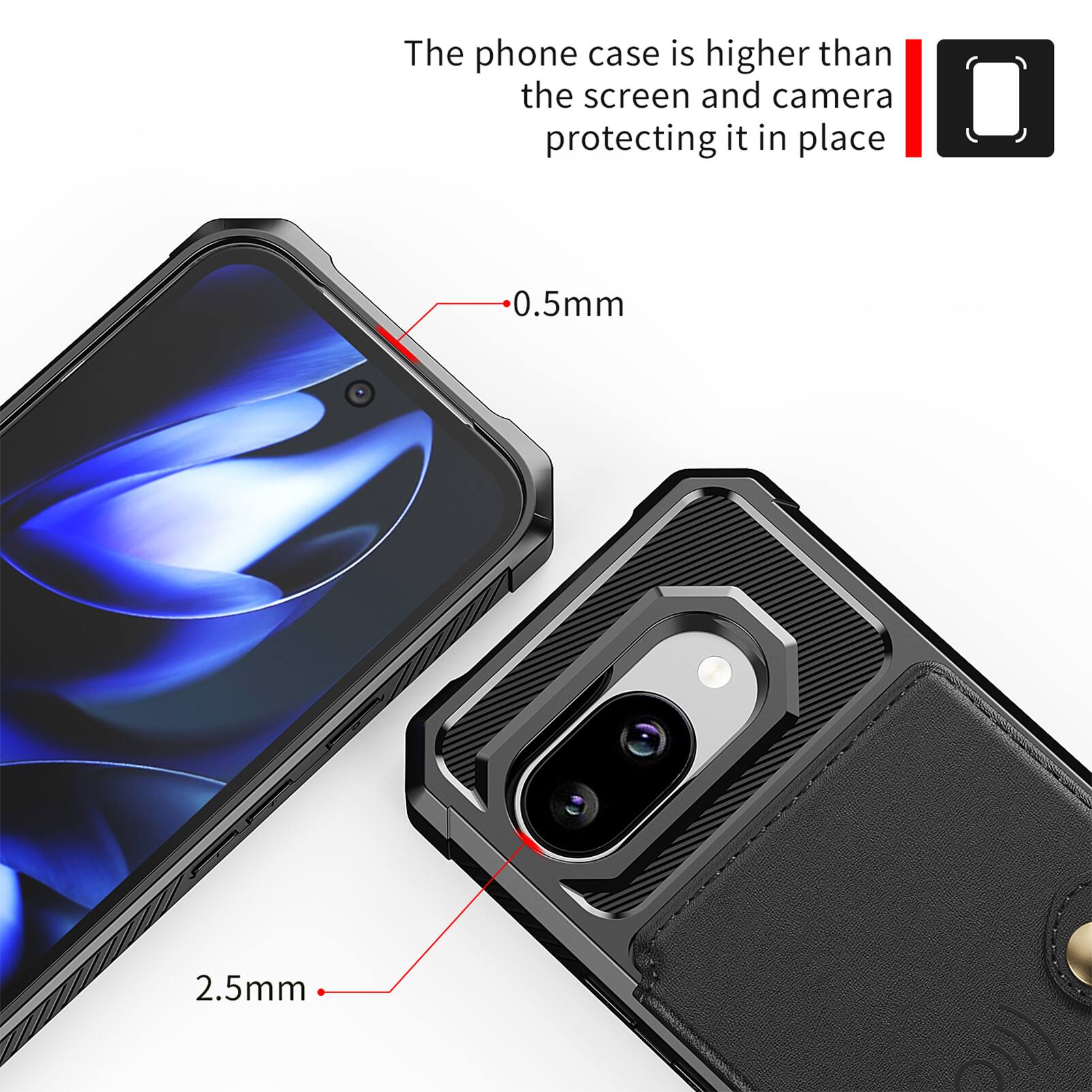 The phone case is higher than the screen and camera, protecting it in place.  
0.5mm  
2.5mm