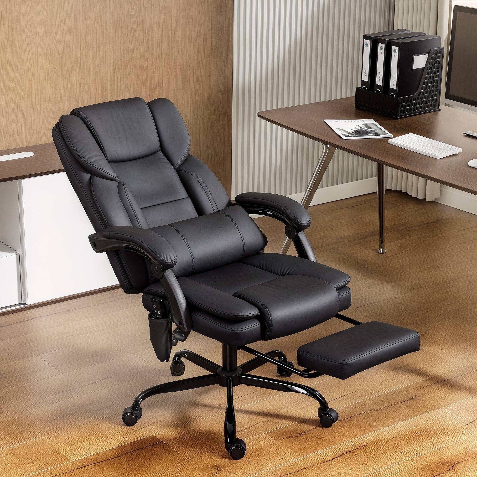 Alt View 1. Homcom - Chair with Massage, Pet-Friendly Faux Leather Reclining Desk Chair with Lumbar Support - Black.