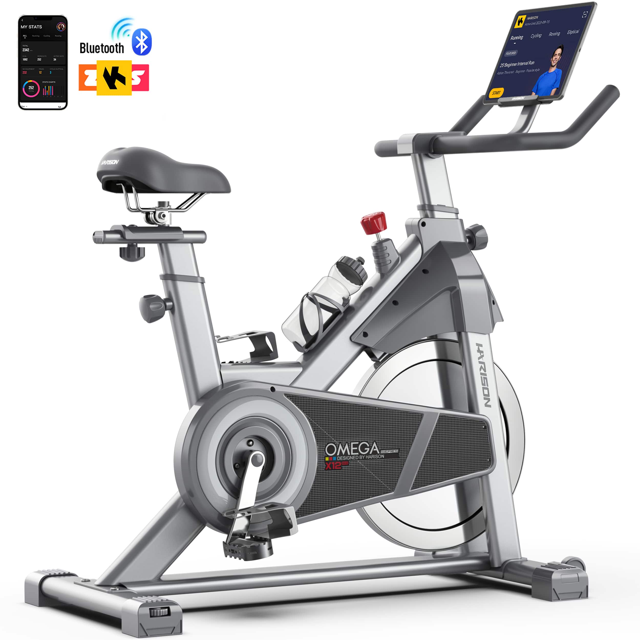 HARISON - Stationary Exercise Bike for Home, Magnetic Indoor Cycling Bike with Bluetooth, Adjustable Resistance, APP Connectivity - Silver