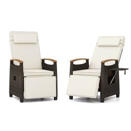 Costway - 2 PCS Patio Wicker Recliner Chair with Adjustable Backrest Footrest Flip Side Table - White