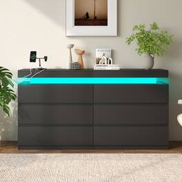 Vipbear - 6-Drawer Dresser with Sliding Desktop & Power Outlet - Storage Cabinet with LED Lights - Black