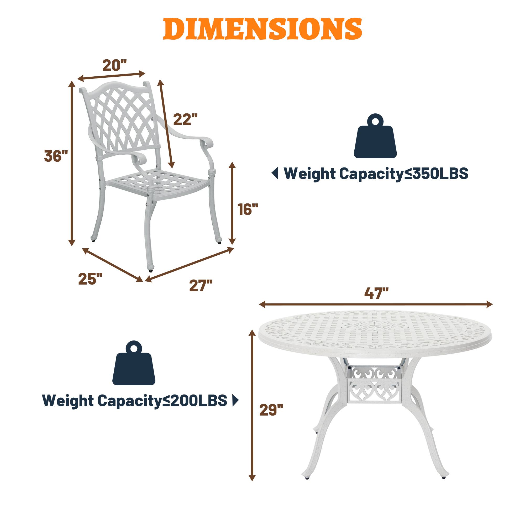DIMENSIONS

- Chair:
  - Height: 36"
  - Width: 22"
  - Depth: 25"
  - Seat Height: 16"
  - Seat Depth: 20"
  - Armrest Height: 27"

- Table:
  - Diameter: 47"
  - Height: 29"

Weight Capacity:
- Chair: ≤350LBS
- Table: ≤200LBS