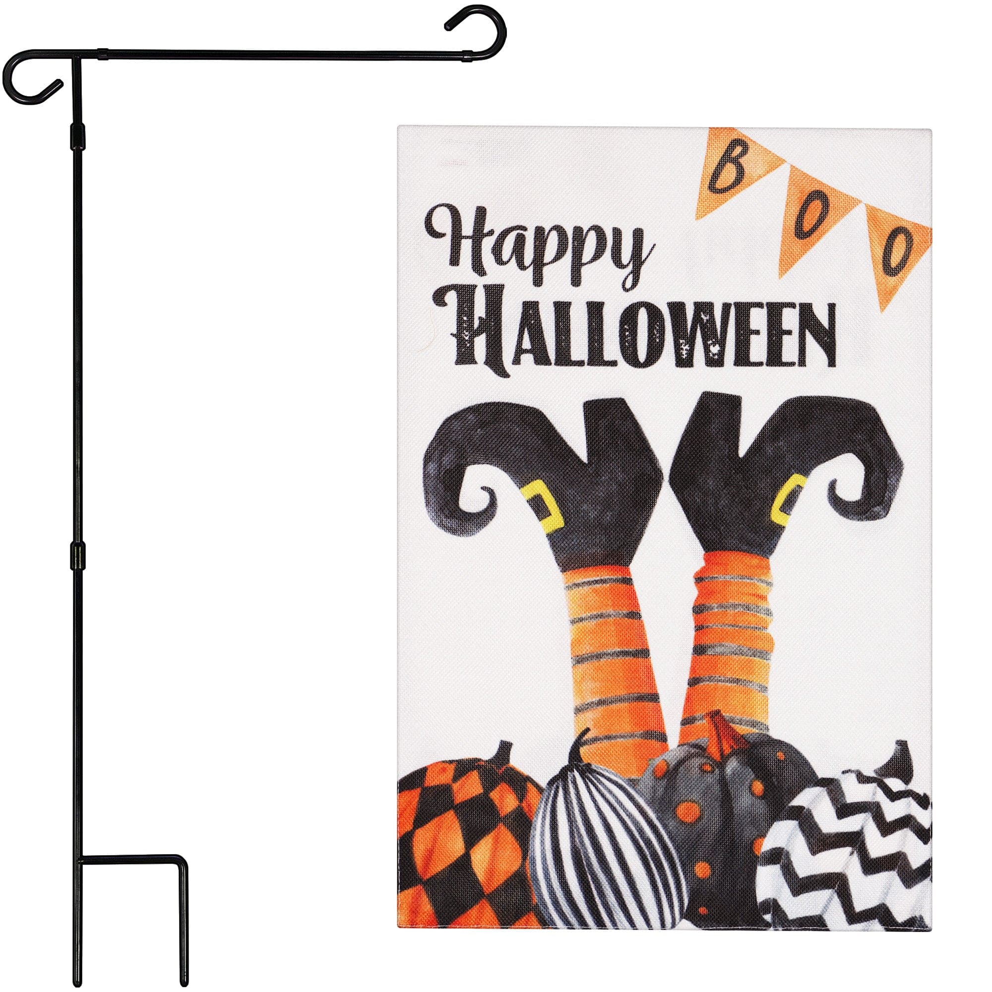 G128- Combo Pack: Garden Flag Stand 36 x 16 in & 12 x 18 in Double-Sided Burlap Halloween Flag (Witch Feet & Pumpkins)- Assorted Colors