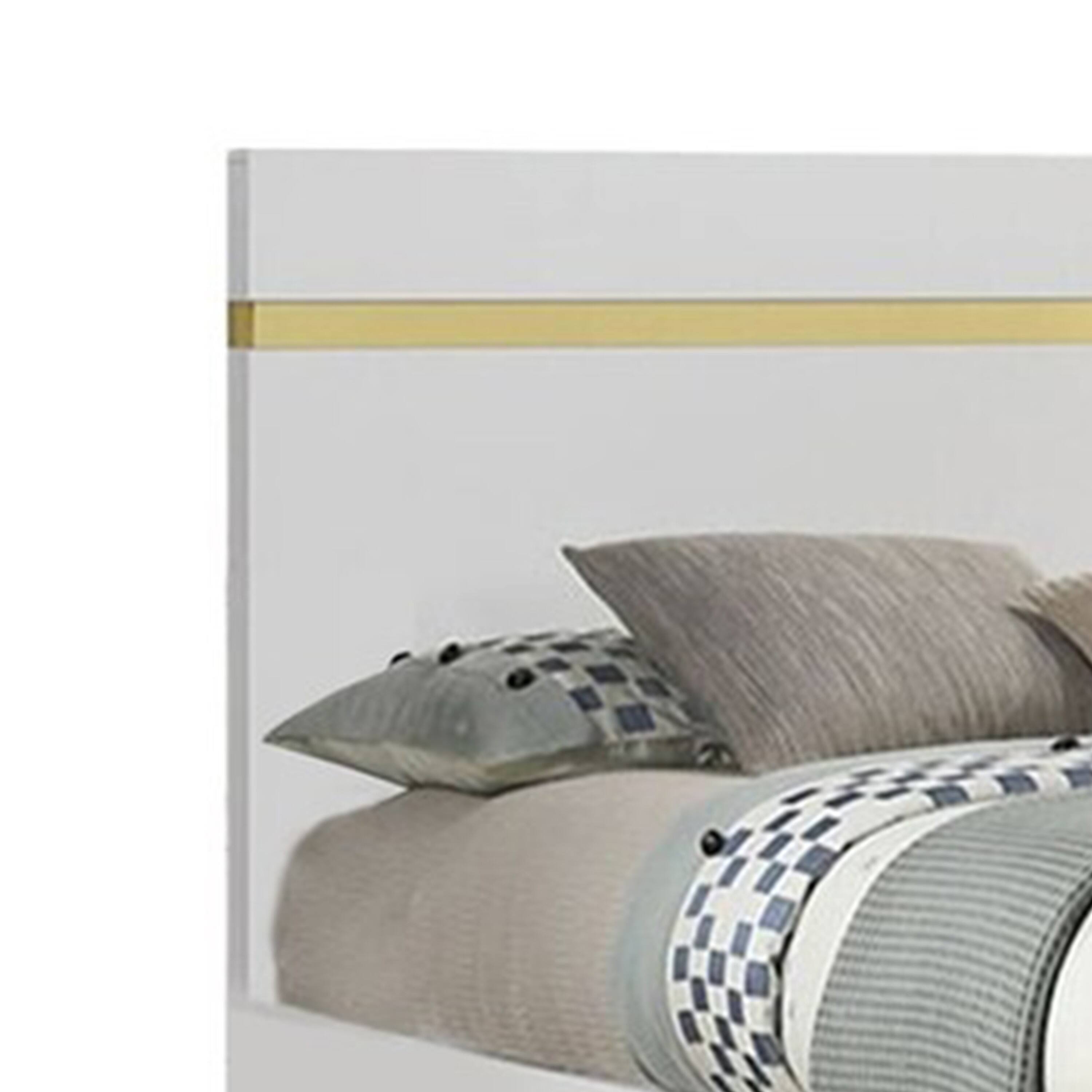 Alt View 2. Manhattan Lane - Yoki Queen Size Bed w Underbed LED, Acrylic Gold Trim, White Frame - White, Gold.