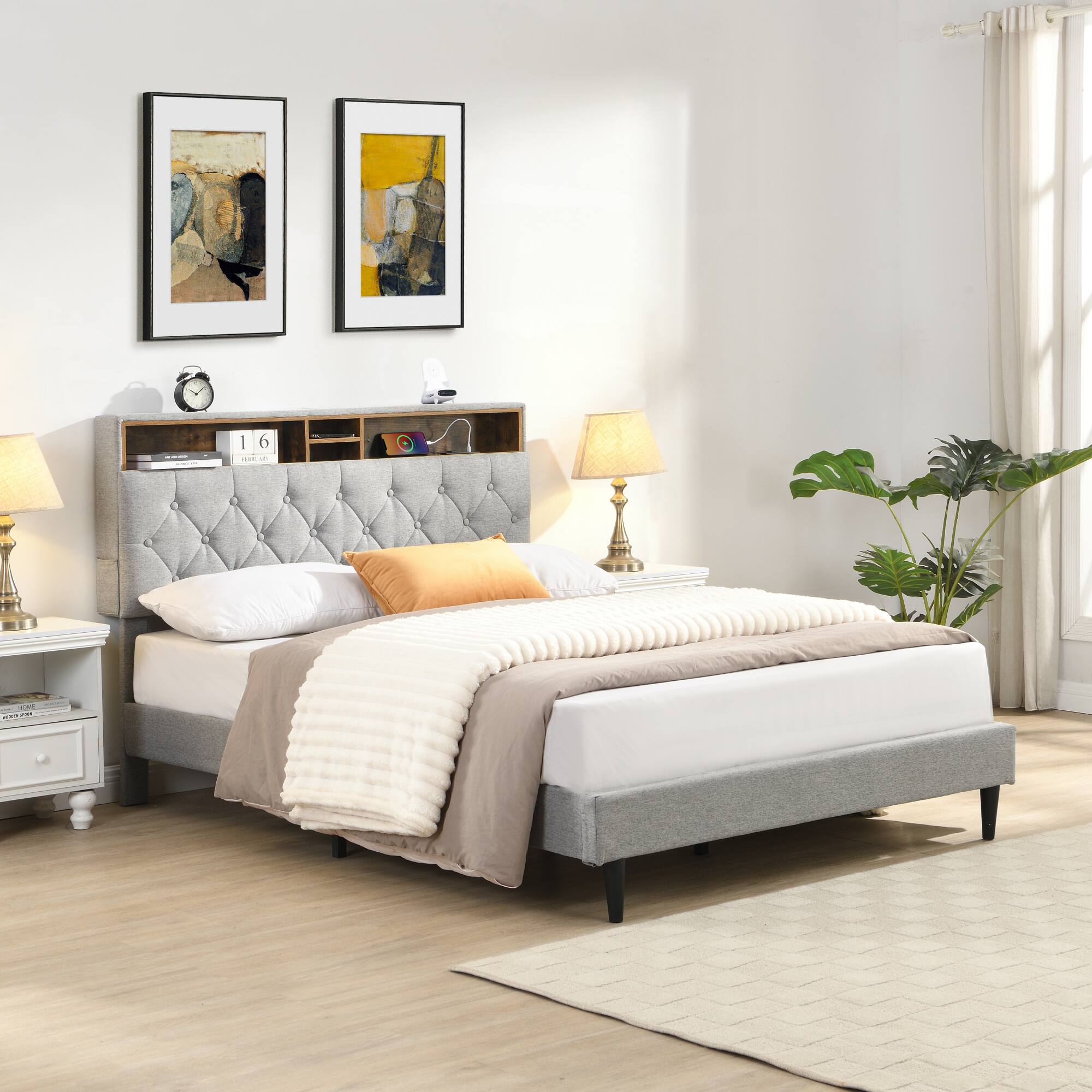 Angle. GOODSILO - Queen-Size Upholstered Platform Bed Frame with Modern Button-Tufted Headboard and USB Charging Ports - Light Gray.