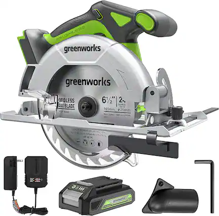 **Greenworks Cordless Circular Saw**
- **Model:** Greenworks
- **Blade Size:** 6 1/2" (165mm)
- **Blade Type:** Cordless Jaw Blade
- **Teeth:** 20 Carbine Teeth
- **Max Speed:** 7000/min (RPM)
- **Diameter:** 20mm
- **For:** Wood
- **Eye and Respiratory Protection:** Required
- **Not for use in:** Masonry, Concrete, or Metal
- **Max Speed:** 7000/min (RPM)
- **HW:** Included
**Included:**
- Greenworks 20V Lithium-Ion Battery
- Charger
- Carrying Case