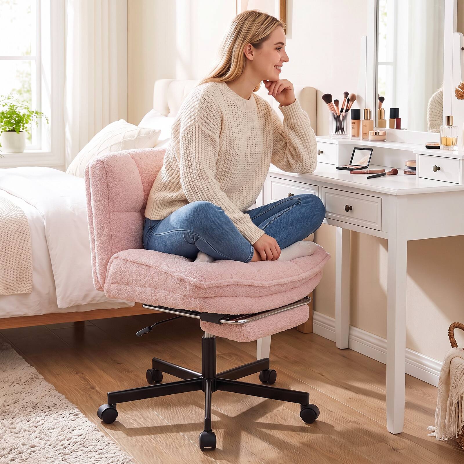 Alt View 4. Costway - Costway Ergonomic Reclining Swivel Vanity Chair with Thick Padded Seat, Rolling Casters - Pink.