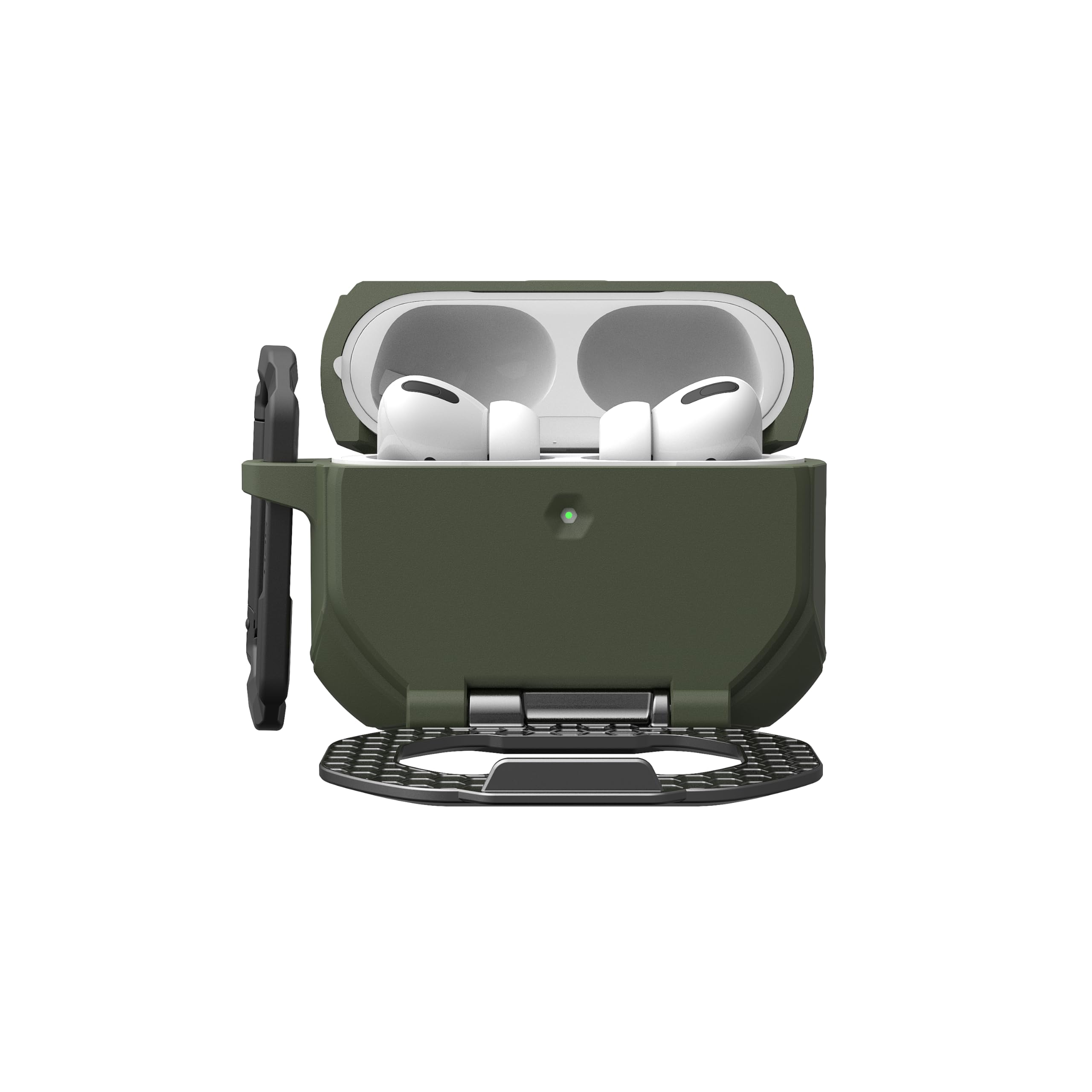 Alt View 4. UAG - AirPods Pro 3rd Gen Case w/ Built-in Phone Stand & Detachable Carabiner Clip, Rugged Protective Cover, Monarch - Olive Drab/Silver.