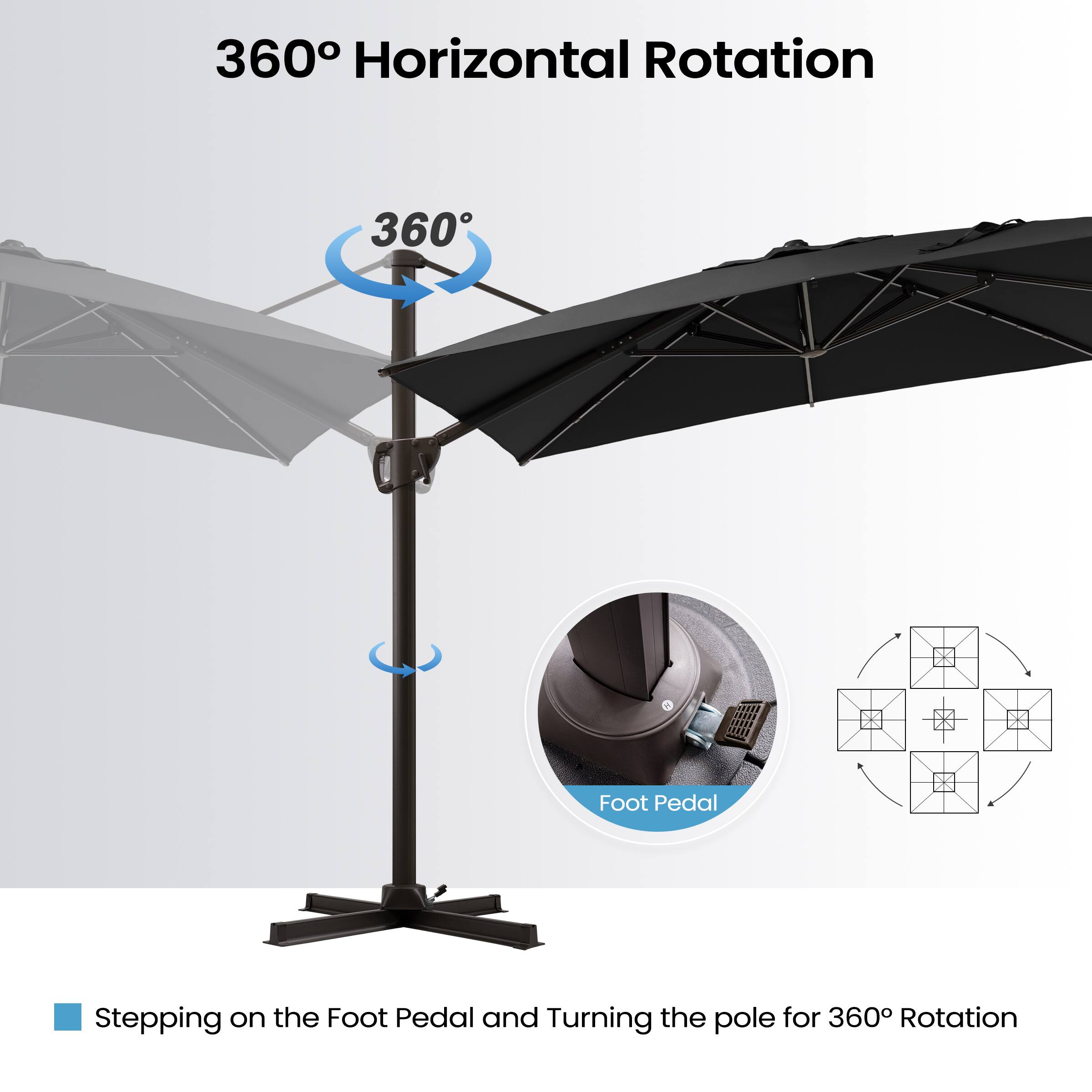 360° Horizontal Rotation

Stepping on the Foot Pedal and Turning the pole for 360° Rotation

Foot Pedal