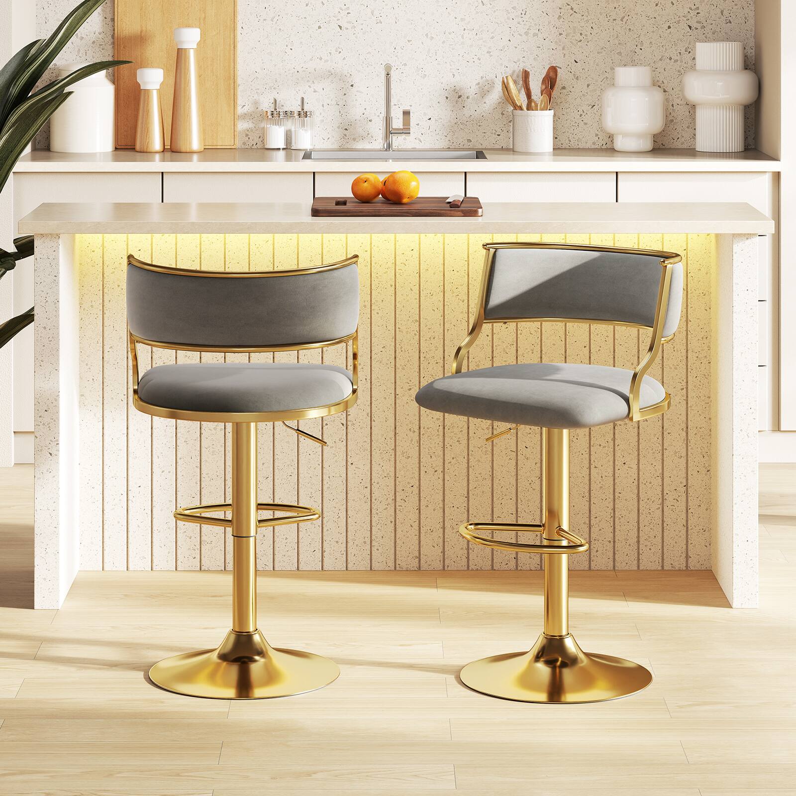 Alt View 5. Gymax - Gymax Swivel Bar Stool Set of 4 w/ Barrel Back & Footrest Metal Base for Home Bar - Grey + Gold.
