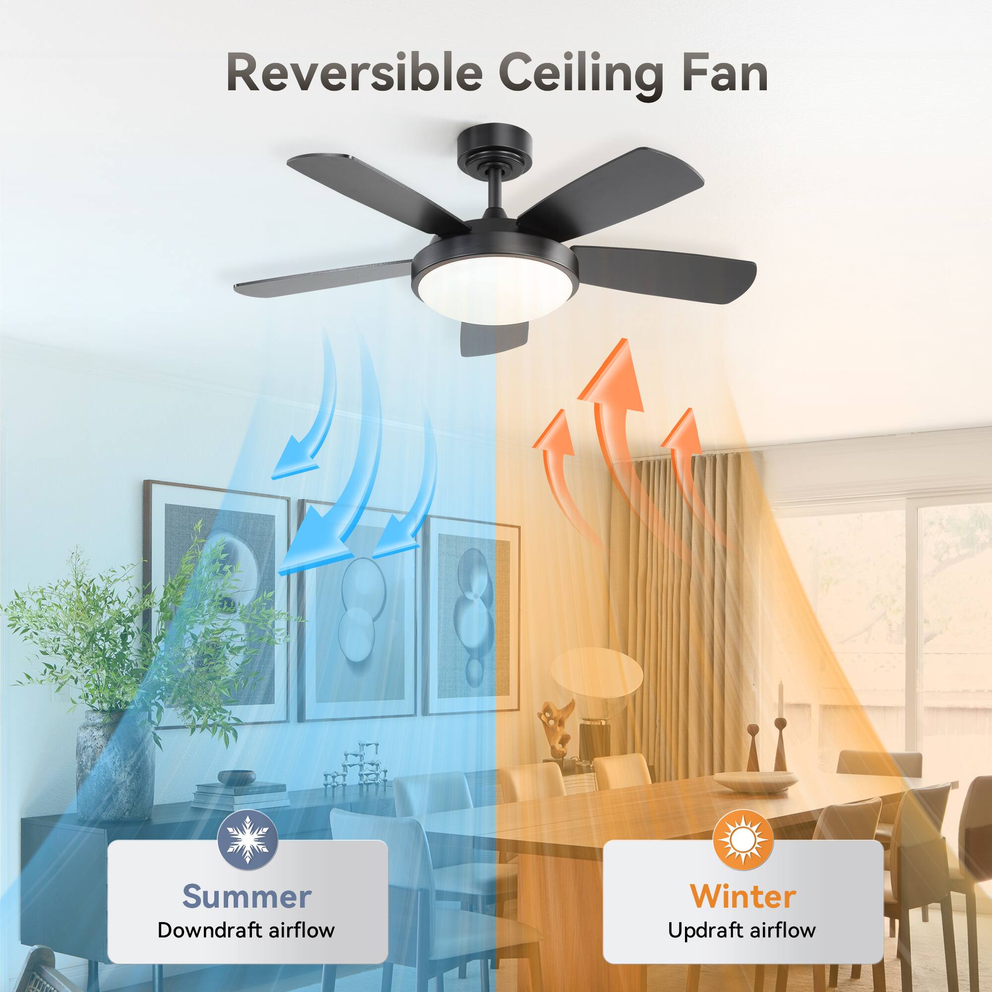 Reversible Ceiling Fan

Summer  
Downdraft airflow

Winter  
Updraft airflow