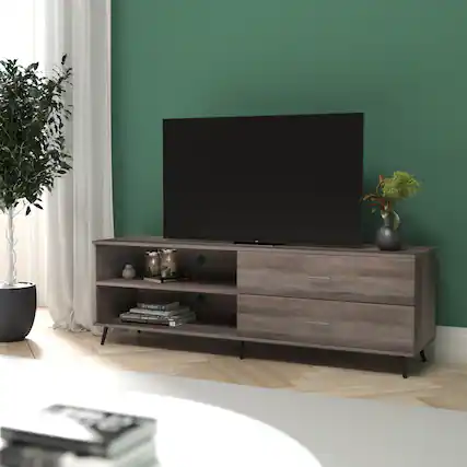 Front. Emma + Oliver - Galia Mid-Century Modern TV Stand with Drawers and Shelf - Walnut.