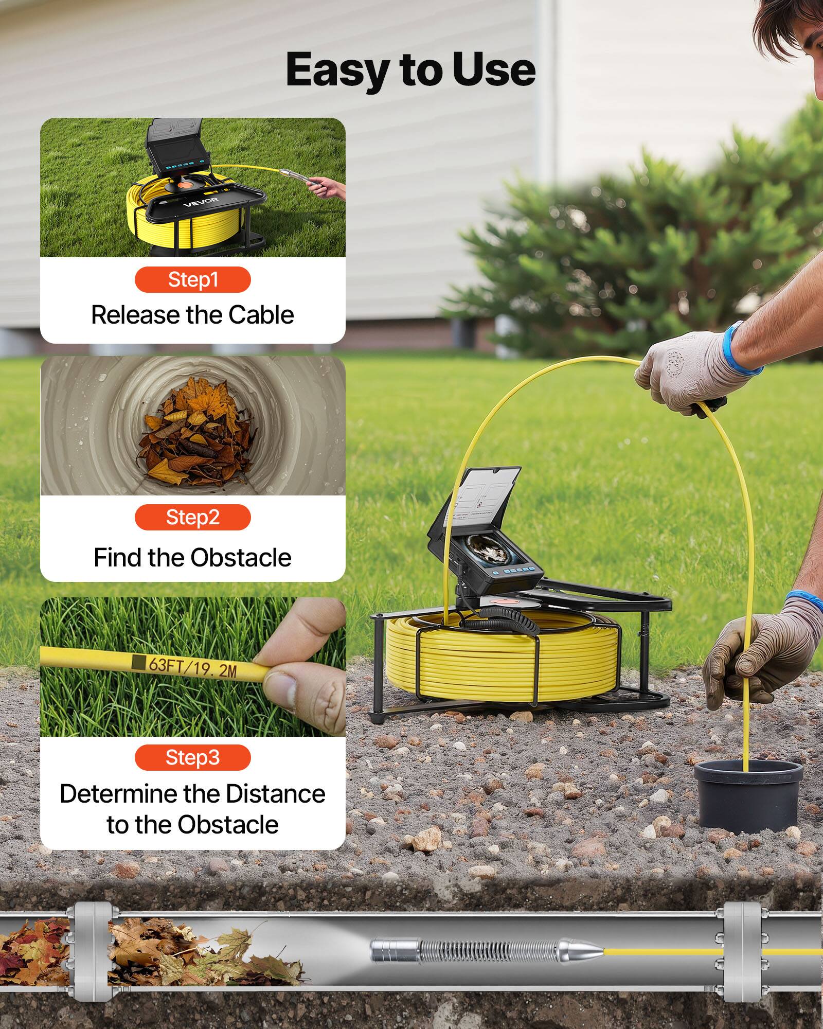 Easy to Use

Step1: Release the Cable

Step2: Find the Obstacle

Step3: Determine the Distance to the Obstacle

63FT/19.2M