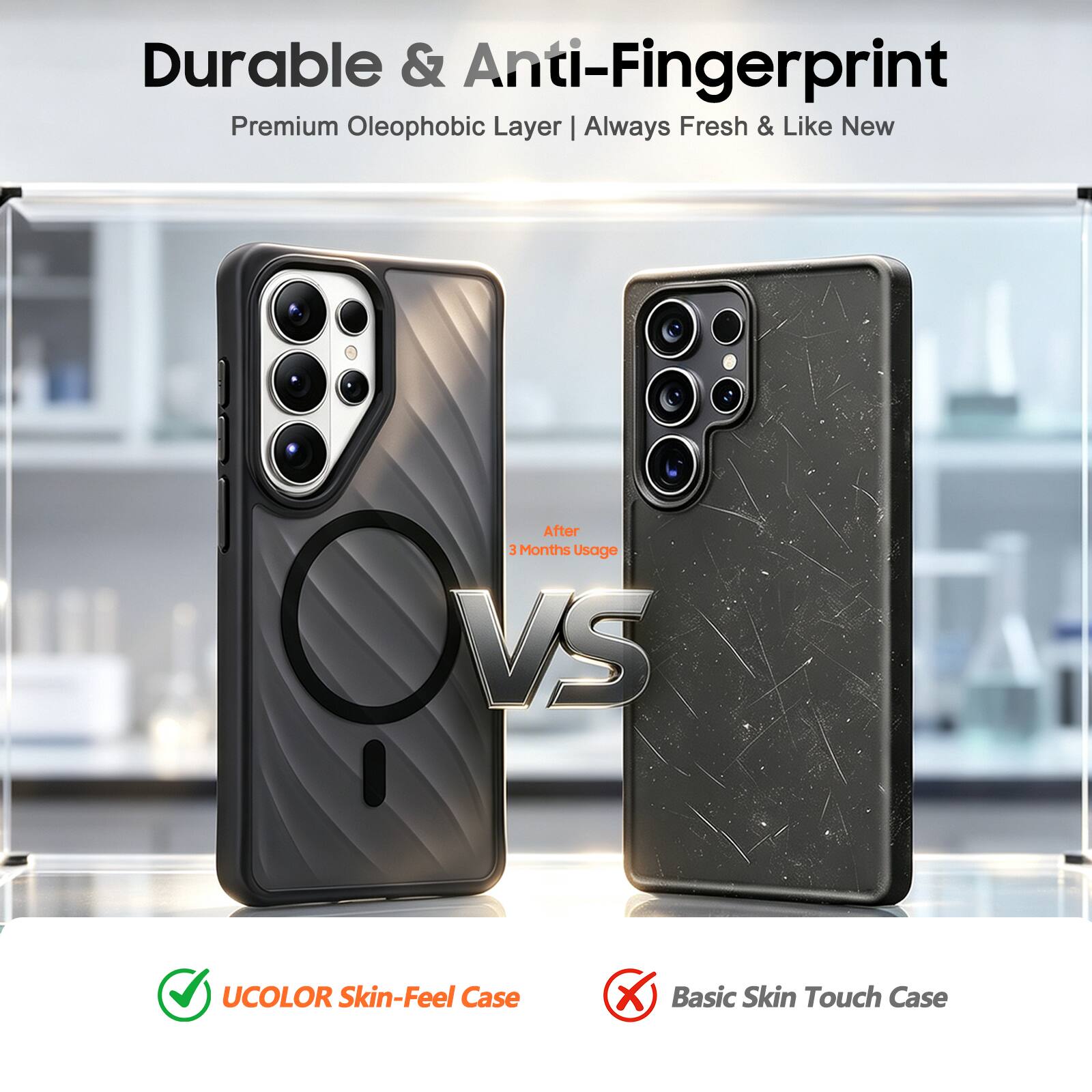 Durable & Anti-Fingerprint  
Premium Oleophobic Layer | Always Fresh & Like New  

After 3 Months Usage On  
UCOLOR Skin-Feel Case  
X Basic Skin Touch Case