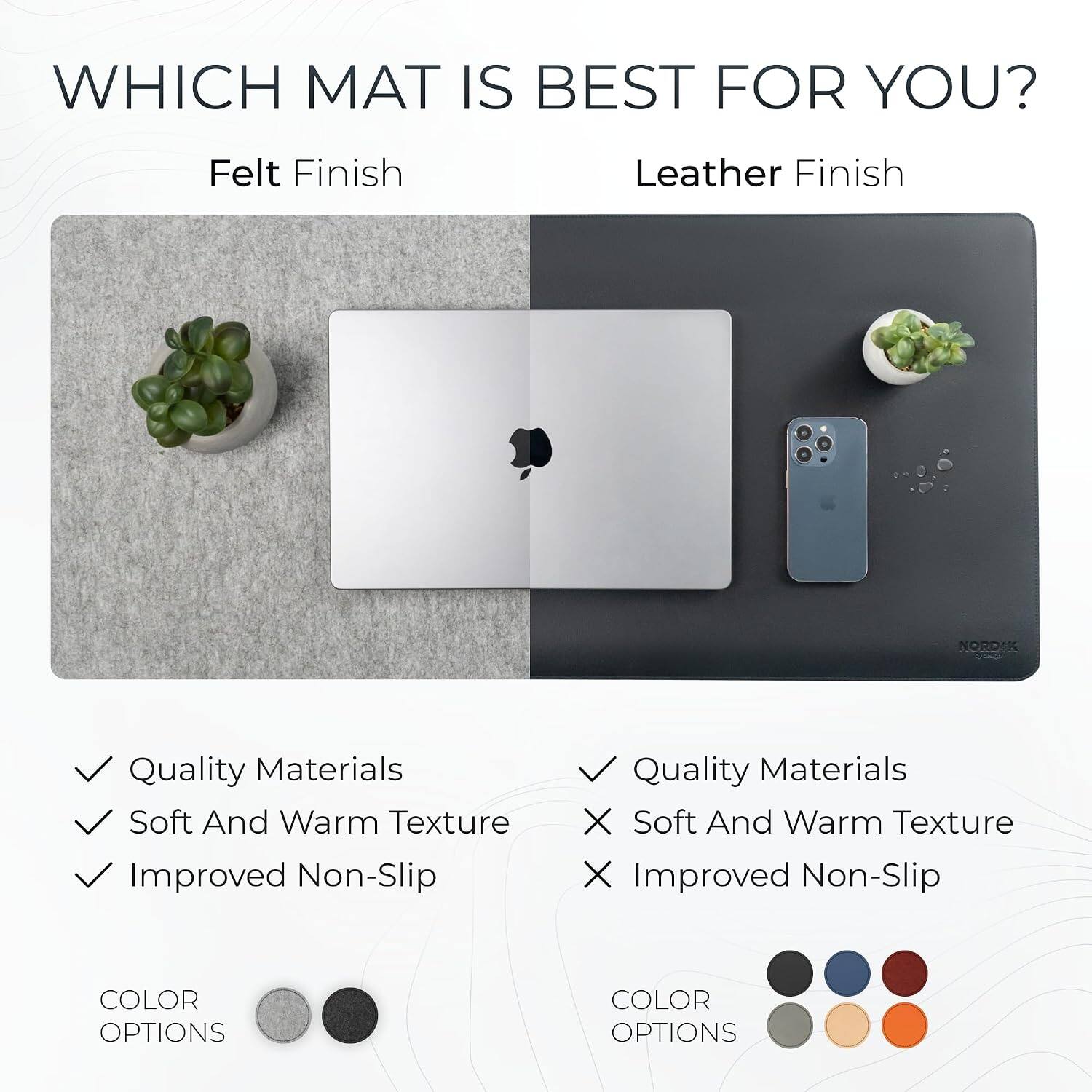 WHICH MAT IS BEST FOR YOU?

Felt Finish
- Quality Materials
- Soft And Warm Texture
- Improved Non-Slip

Leather Finish
- Quality Materials
- Soft And Warm Texture
- Improved Non-Slip

COLOR OPTIONS
