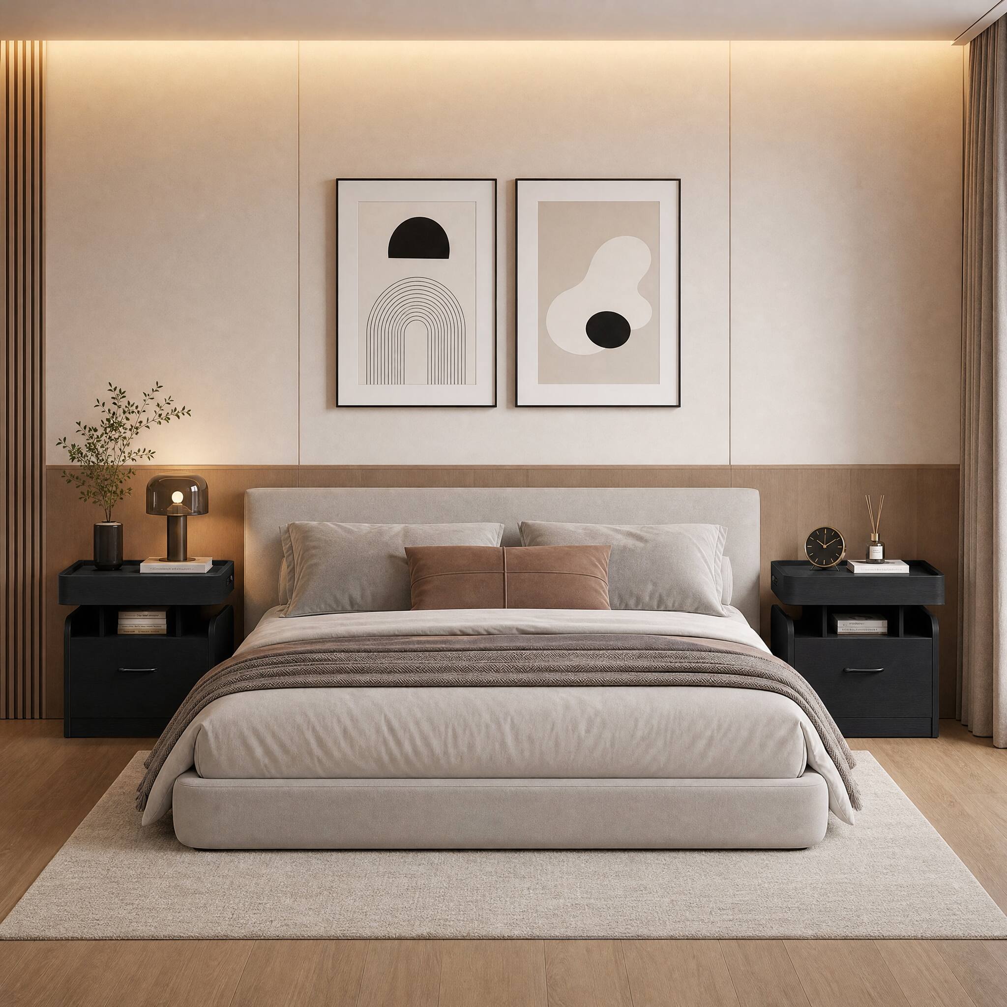 Angle. WELLFOR - Modern Nightstand with Charging Station for Bedroom & Living Room - Black.