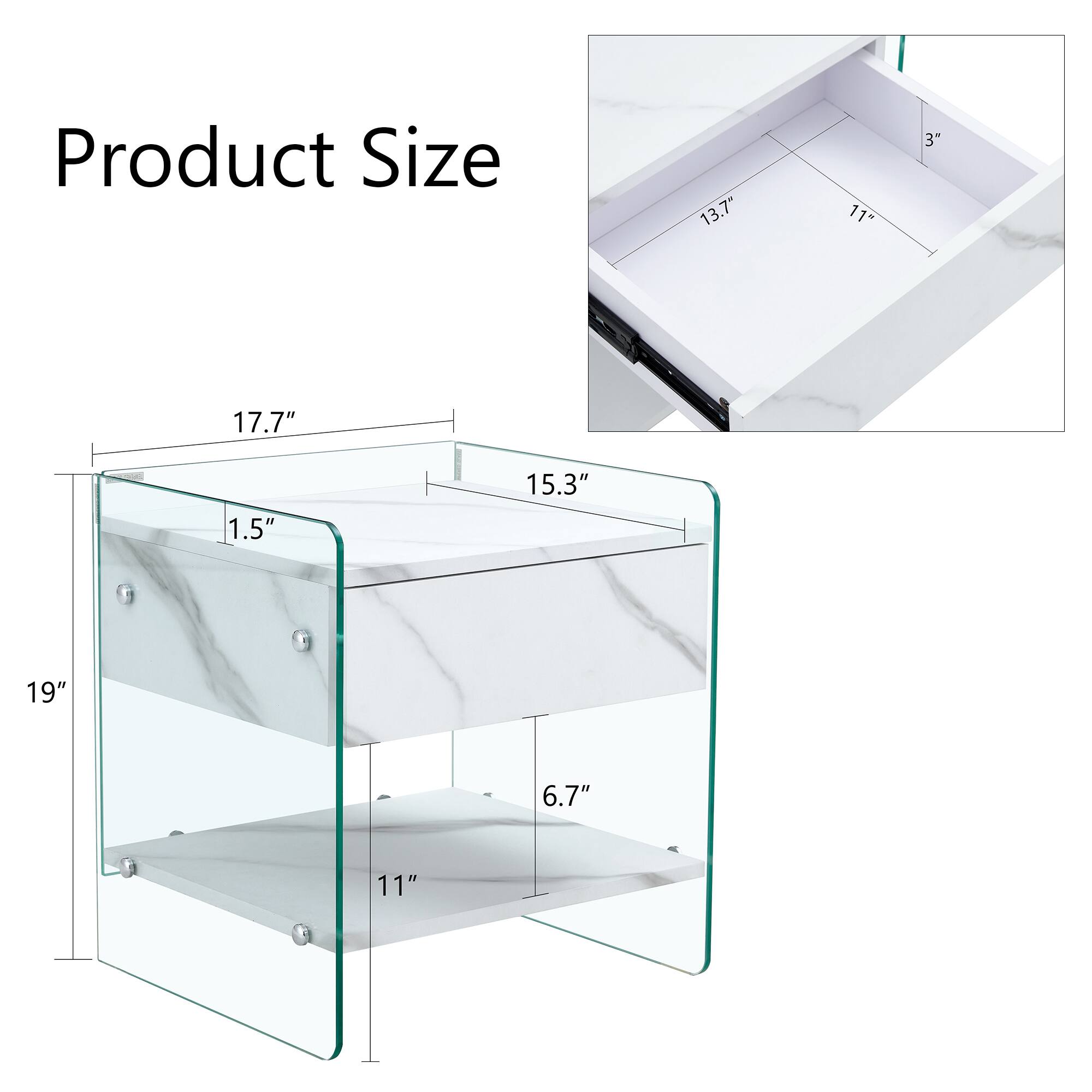 Product Size

- 19" (height)
- 17.7" (width)
- 15.3" (depth)
- 11" (shelf width)
- 6.7" (shelf depth)
- 1.5" (shelf thickness)
- 13.7" (inner width)
- 11" (inner depth)
- 3" (inner height)