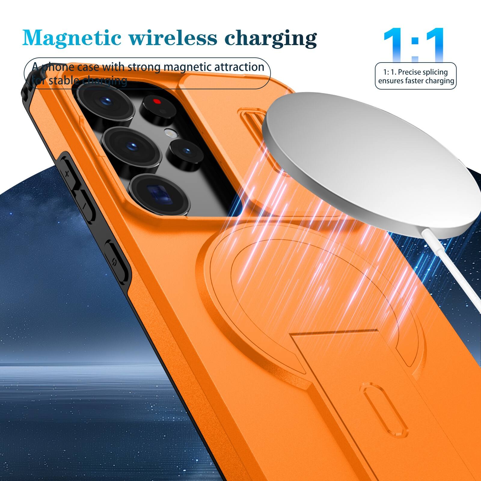 Magnetic wireless charging  
A phone case with strong magnetic attraction for stable charging  
1:1  
1:1. Precise splicing ensures faster charging