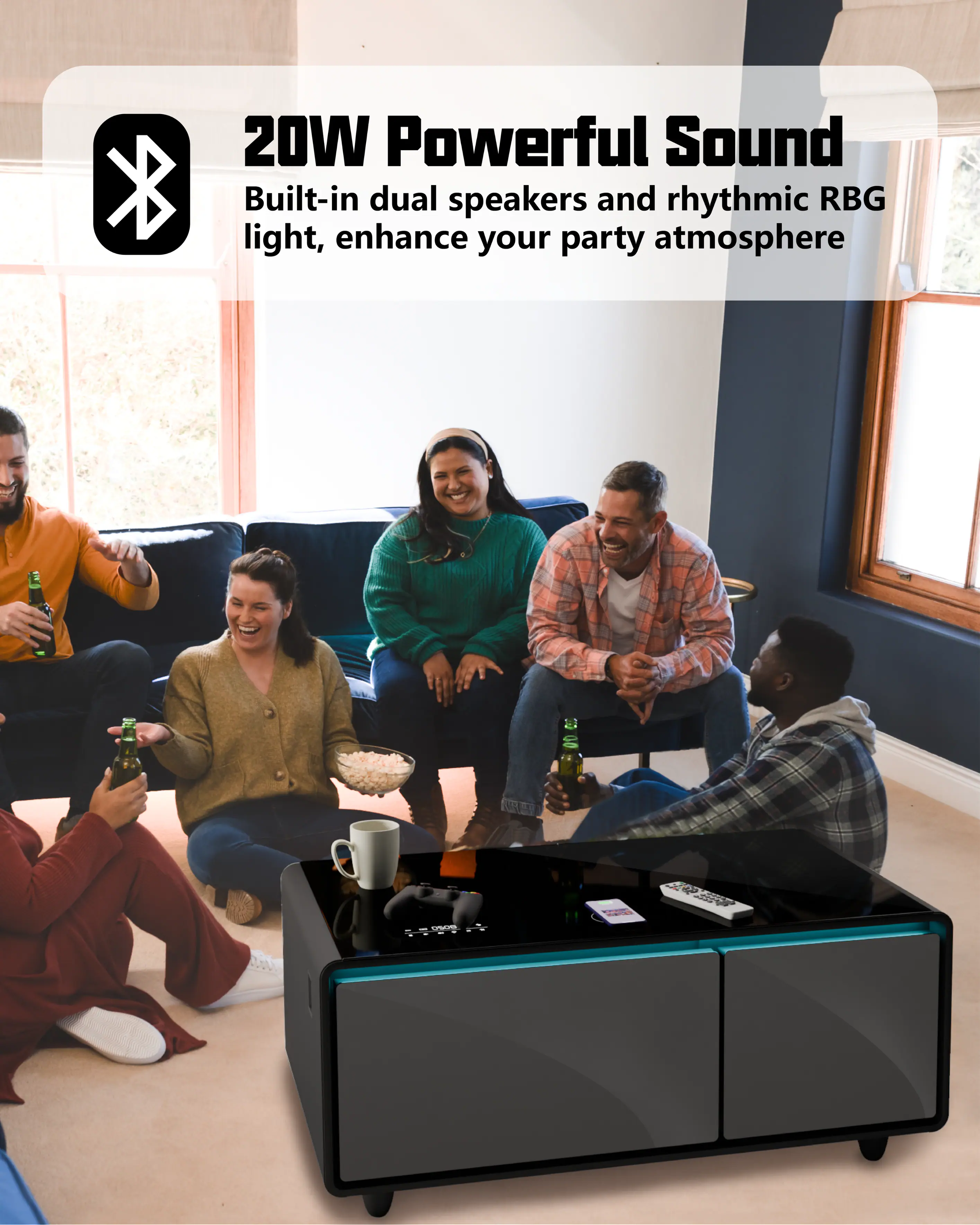 20W Powerful Sound Built-in dual speakers and rhythmic RGB light, enhance your party atmosphere.