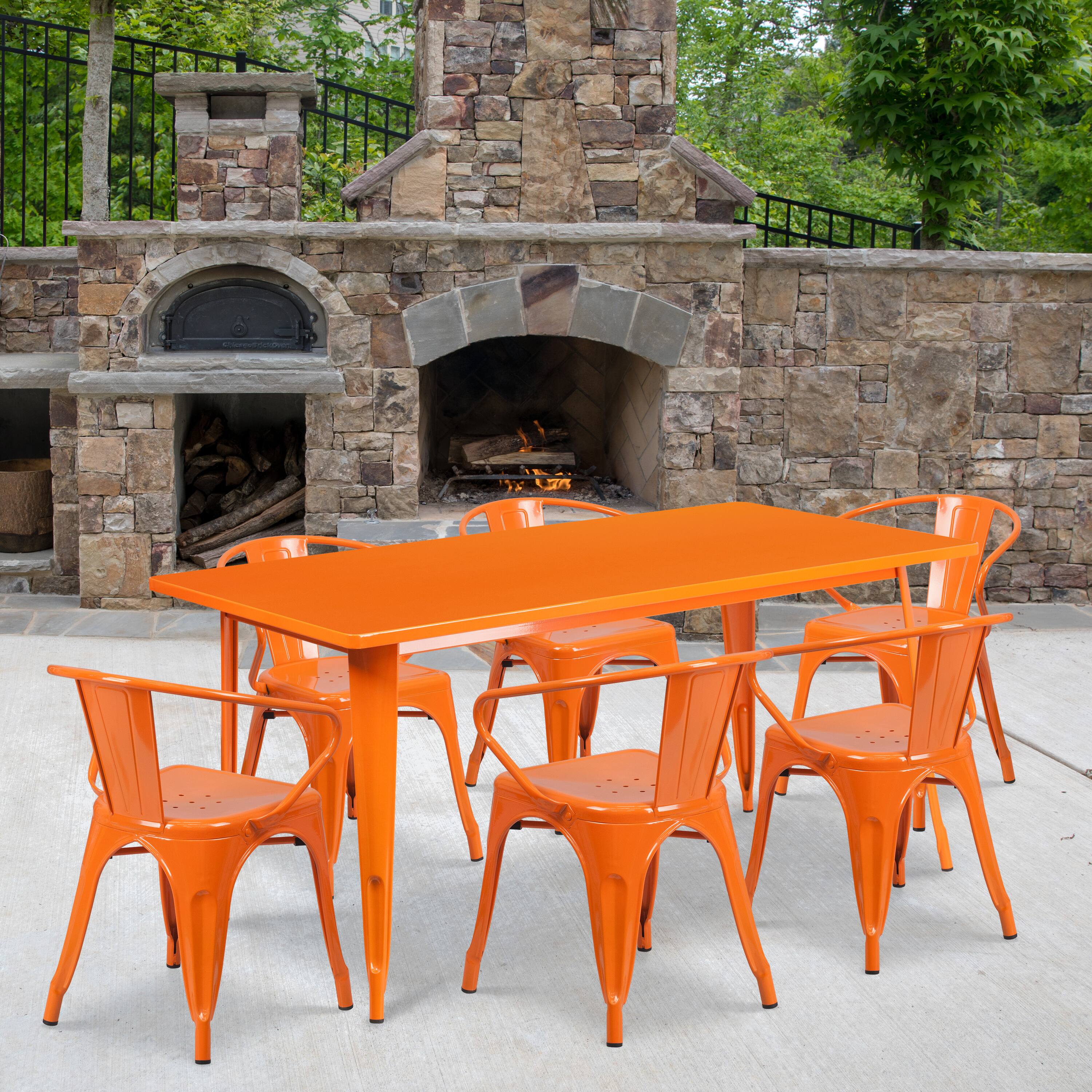 Emma + Oliver - Commercial Grade Rectangular Metal Indoor-Outdoor Table Set with 6 Arm Chairs - Orange
