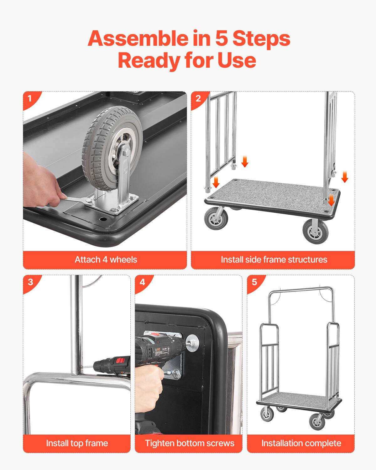 Assemble in 5 Steps Ready for Use

1. Attach 4 wheels
2. Install side frame structures
3. Install top frame
4. Tighten bottom screws
5. Installation complete