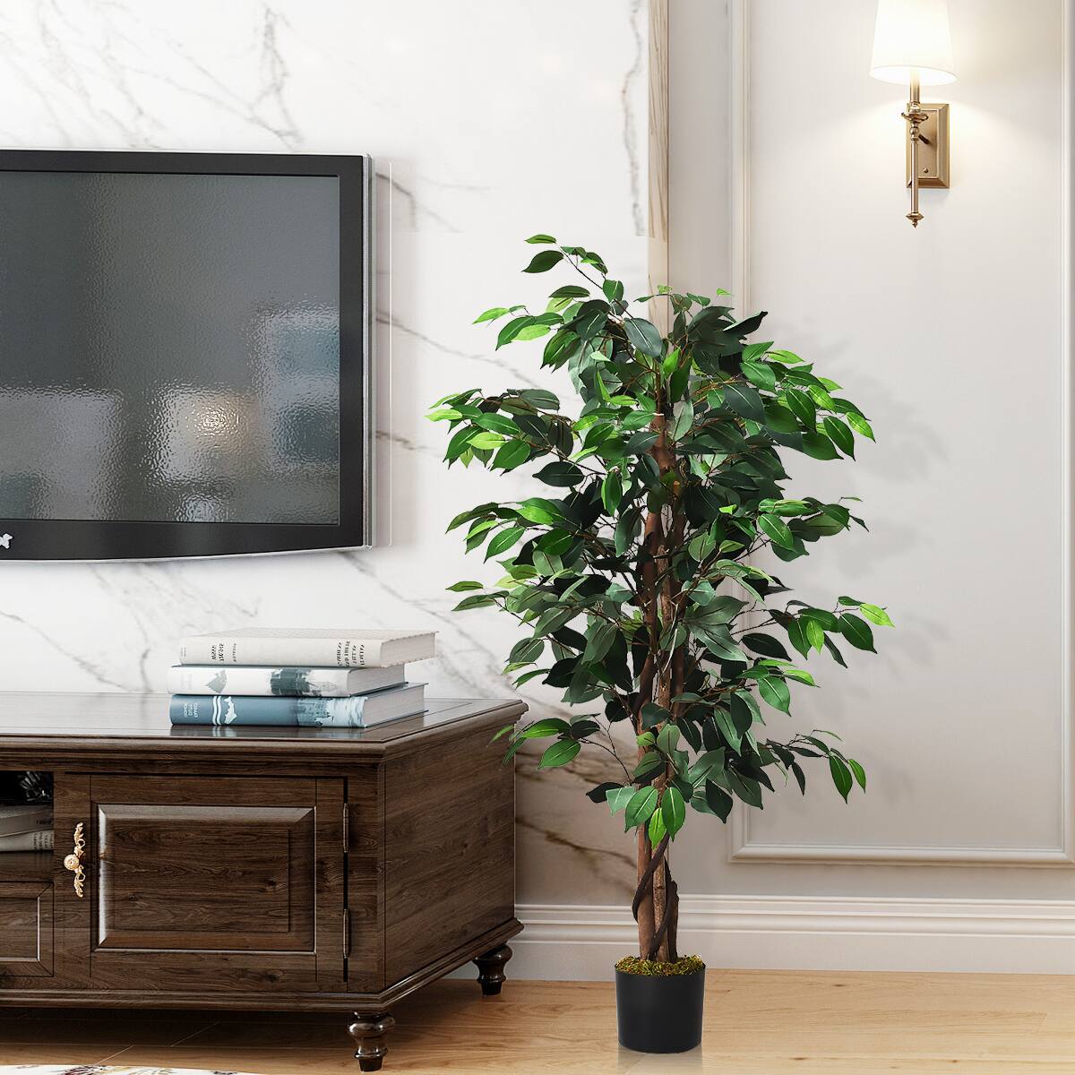 Alt View 3. Costway - Costway 4 Feet Artificial Ficus Silk Tree Wood Trunks Green In/Outdoor Home Decor - Green.