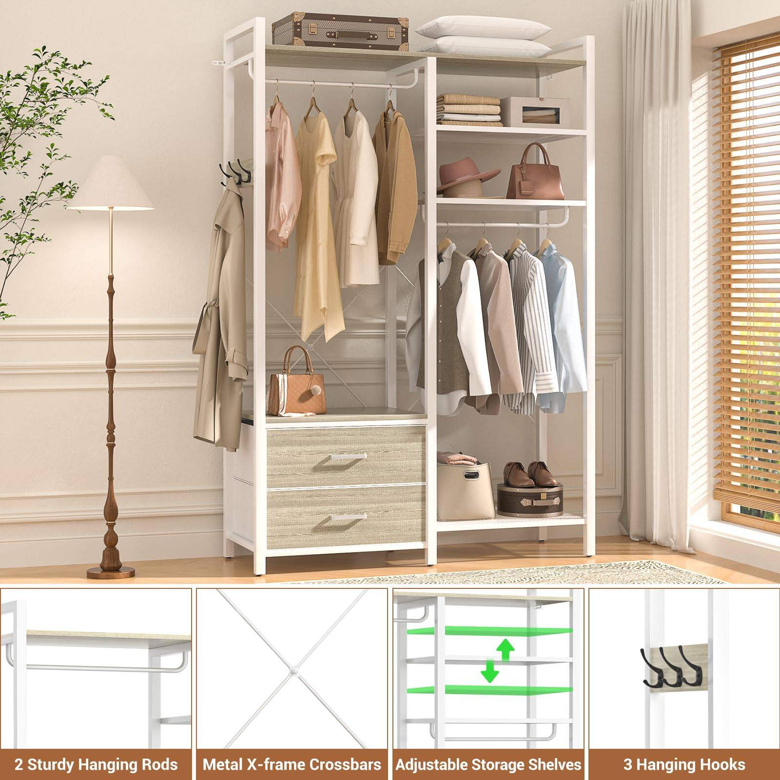 2 Sturdy Hanging Rods  
Metal X-frame Crossbars  
Adjustable Storage Shelves  
3 Hanging Hooks