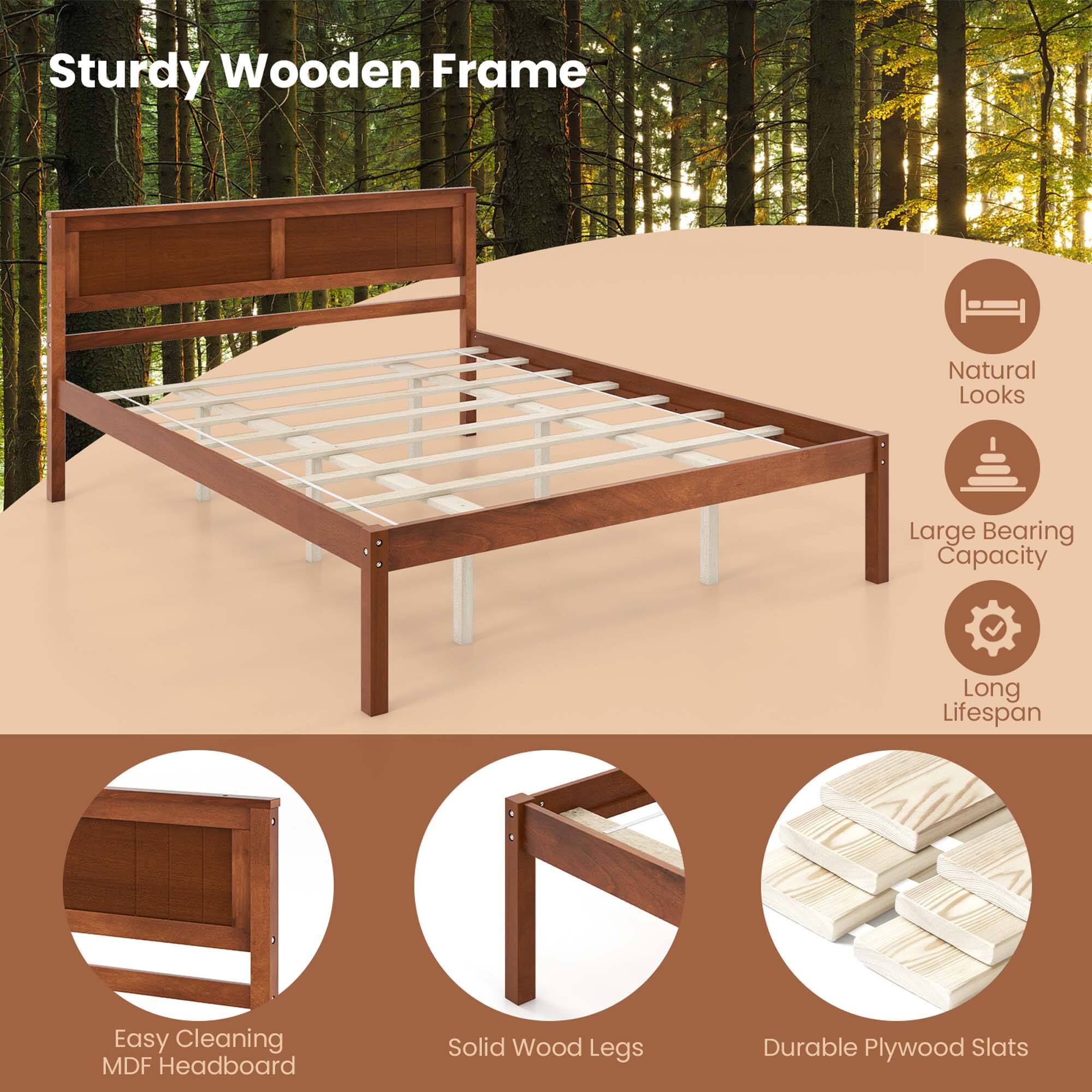 The text on the image is grouped and corrected as follows:

Sturdy Wooden Frame: Natural Looks, Large Bearing Capacity, Long Lifespan, Easy Cleaning, MDF Headboard, Solid Wood Legs, Durable Plywood Slats.