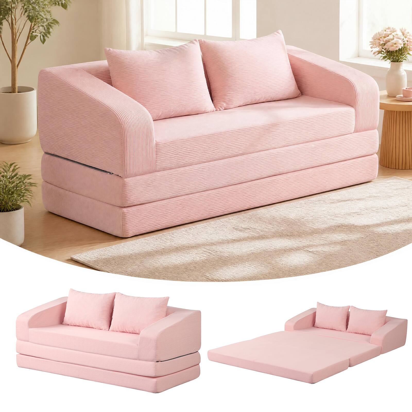 Alt View 7. Costway - Costway 61" Convertible Futon Sofa Bed with 2 Back Cushions for Living Room, No Assembly - Pink.