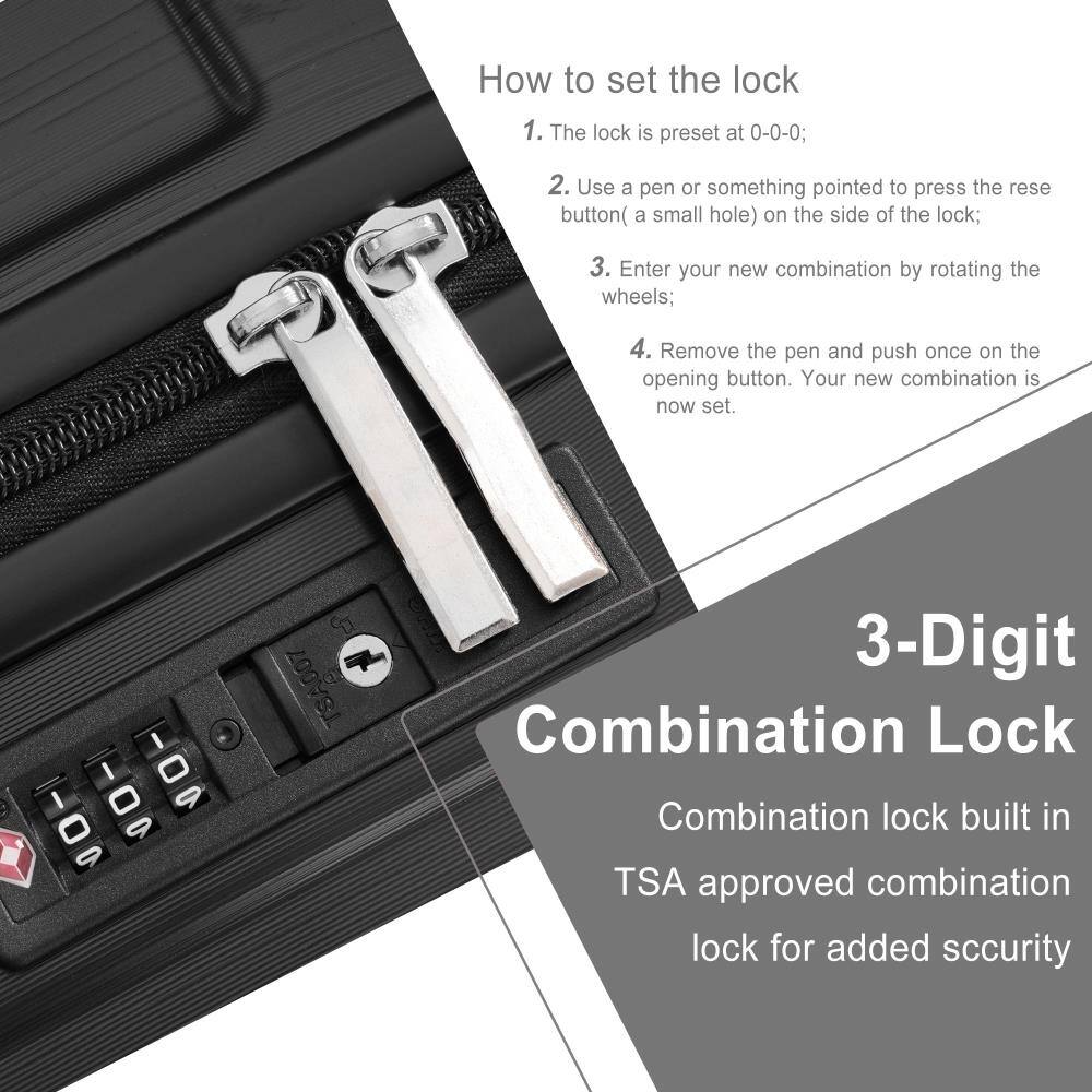 How to set the lock

1. The lock is preset at 0-0-0;
2. Use a pen or something pointed to press the reset button (a small hole) on the side of the lock;
3. Enter your new combination by rotating the wheels;
4. Remove the pen and push once on the opening button. Your new combination is now set.

3-Digit Combination Lock

Combination lock built in TSA approved combination lock for added security