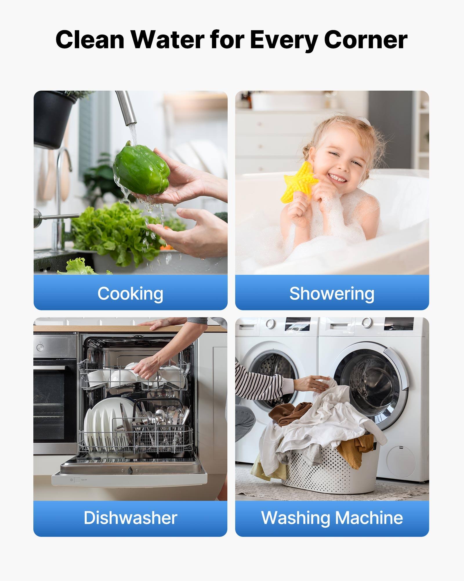 Clean Water for Every Corner

- Cooking
- Showering
- Dishwasher
- Washing Machine