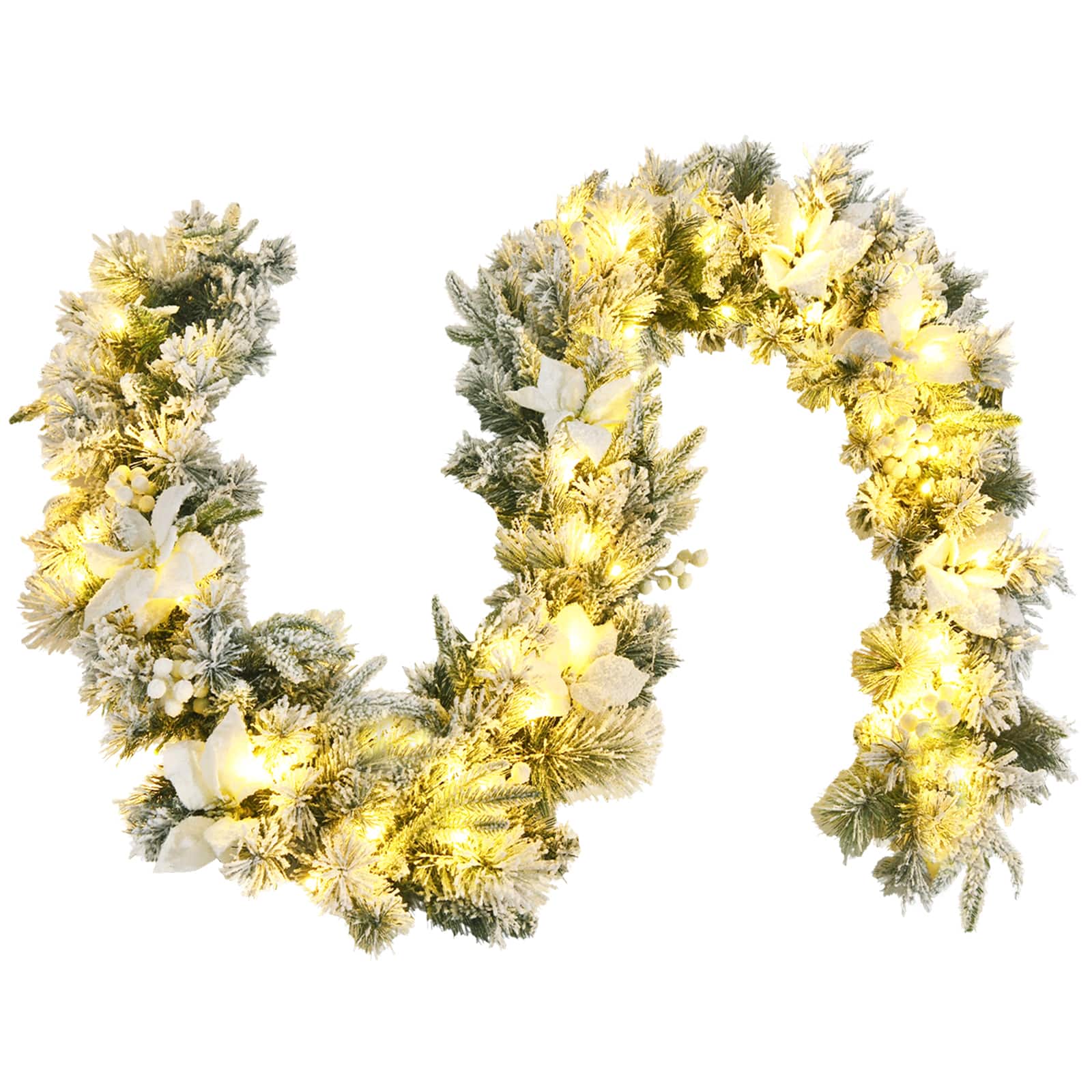 Front. Costway - 9ft Pre-lit Snowy Christmas Garland w/ Berries Poinsettia Flowers Timer - White.