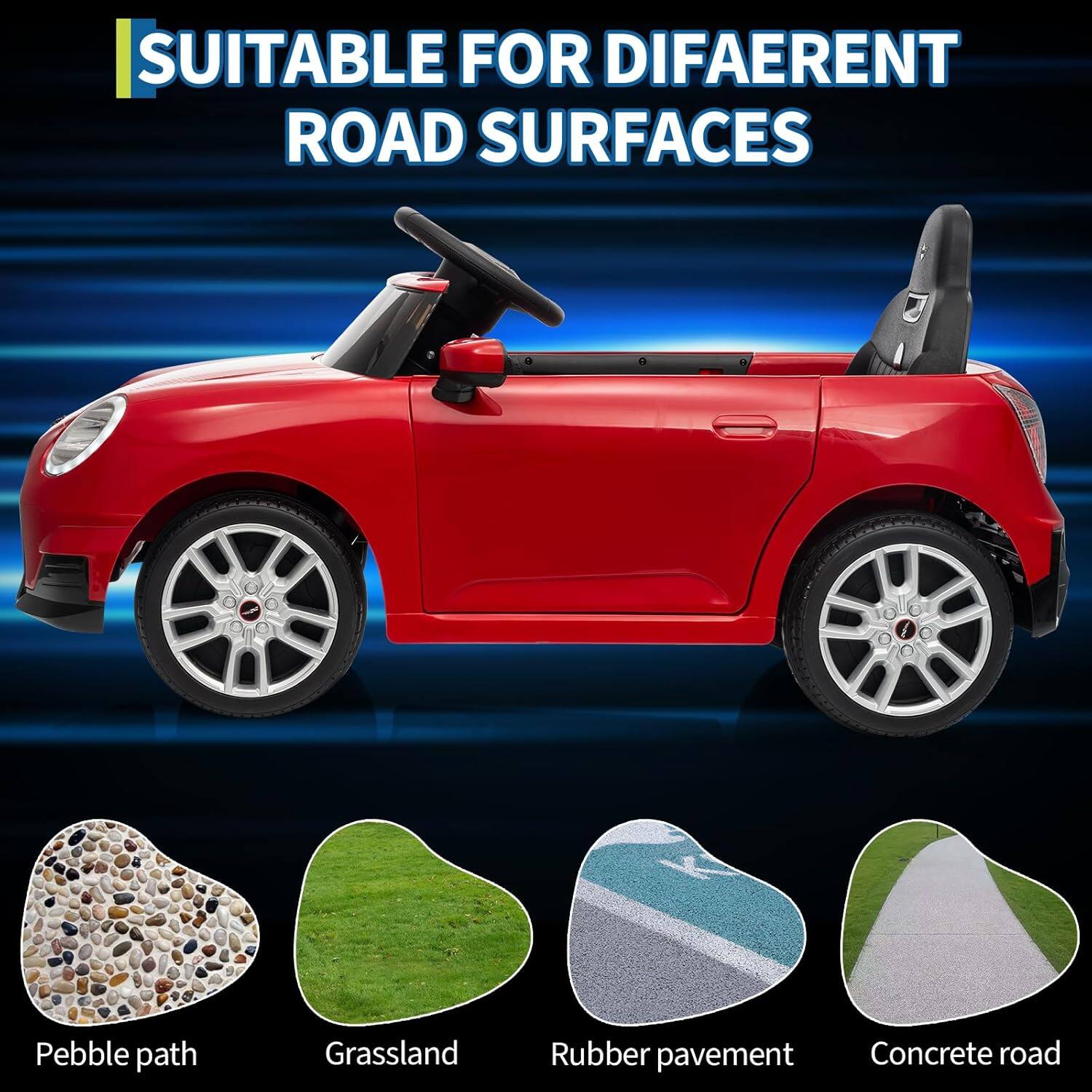 SUITABLE FOR DIFFERENT ROAD SURFACES

- Pebble path
- Grassland
- Rubber pavement
- Concrete road